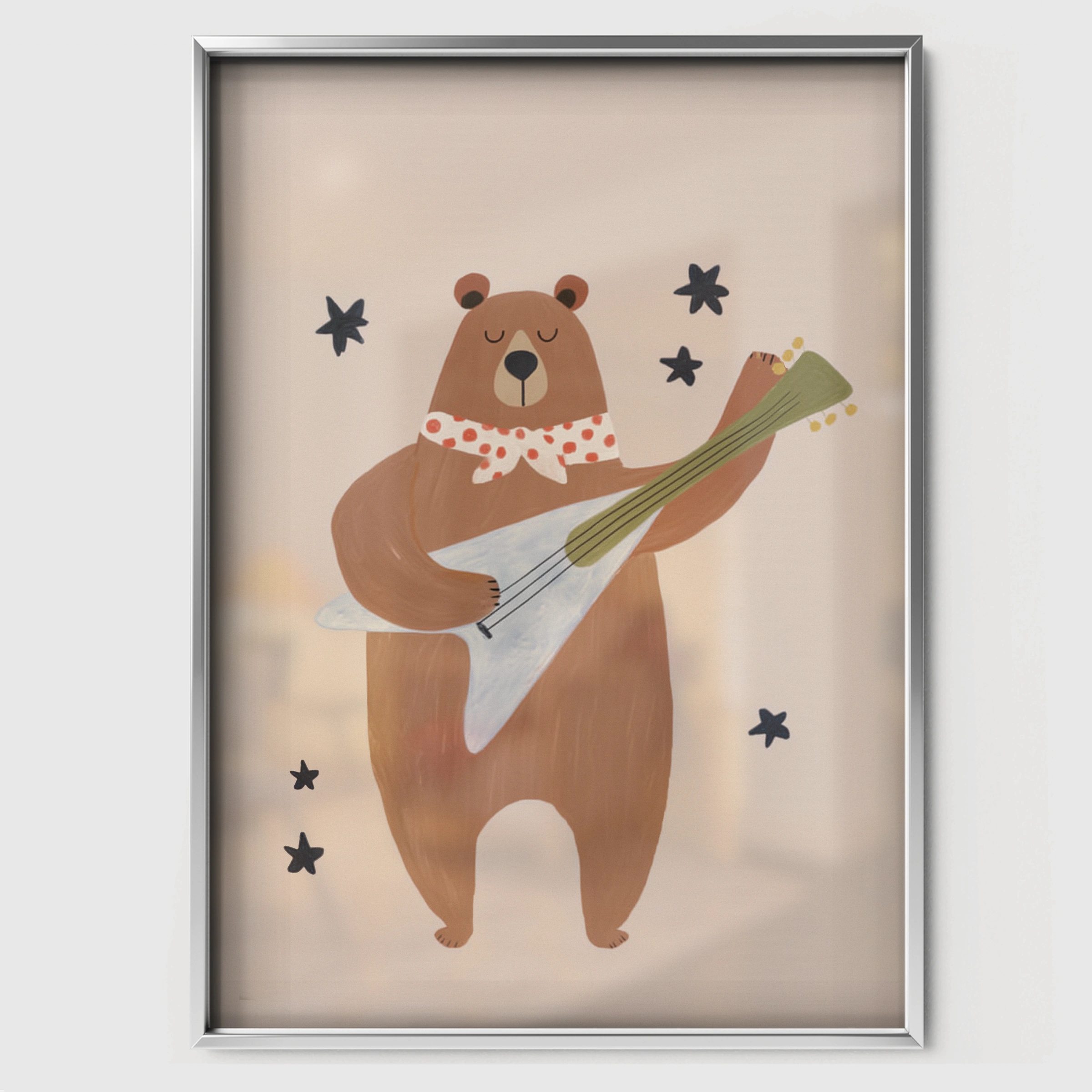 Guitar Bear Nursery Print - white framed nursery wall art print