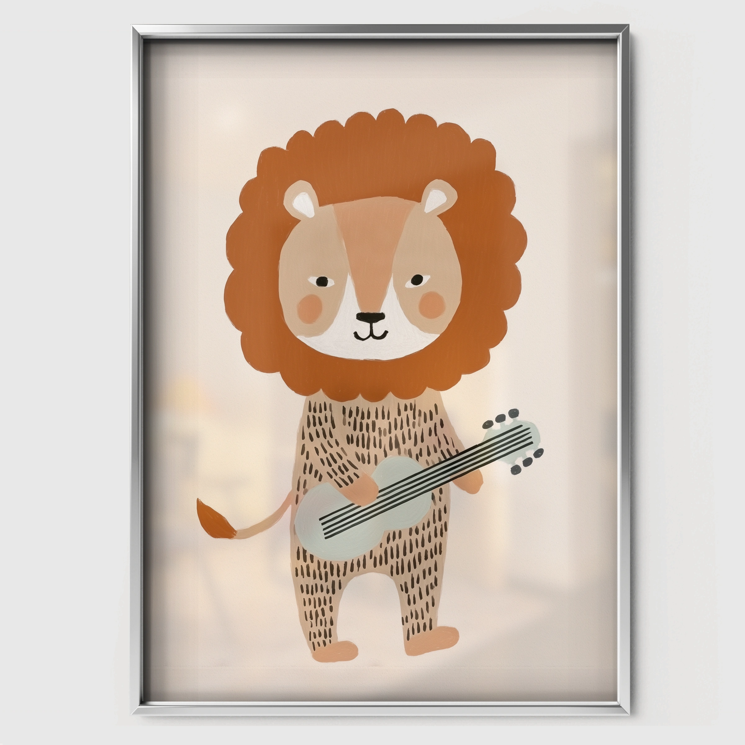 Guitar Lion Nursery Print - white framed nursery wall art print