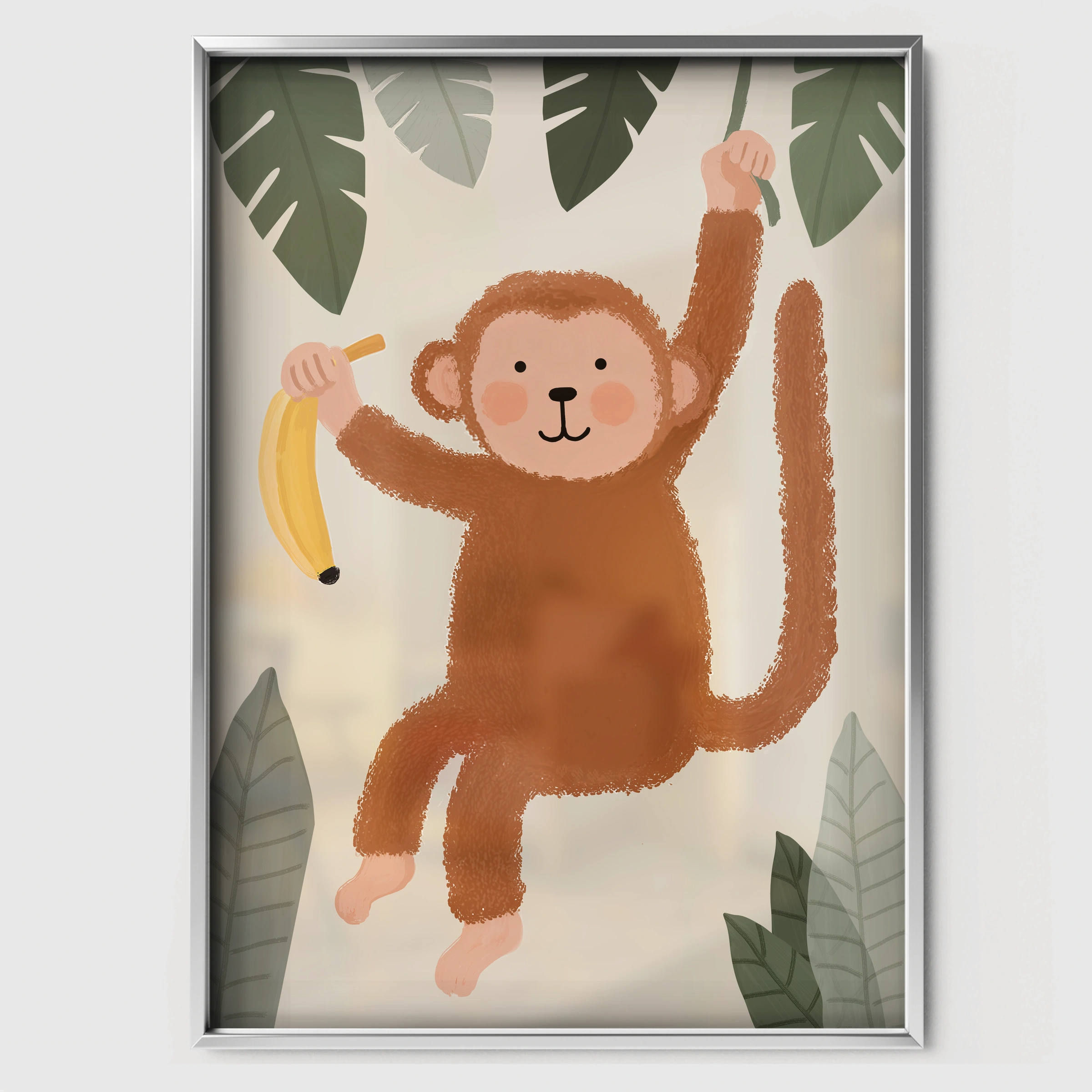 Hanging Monkey Nursery Print - white framed nursery wall art print