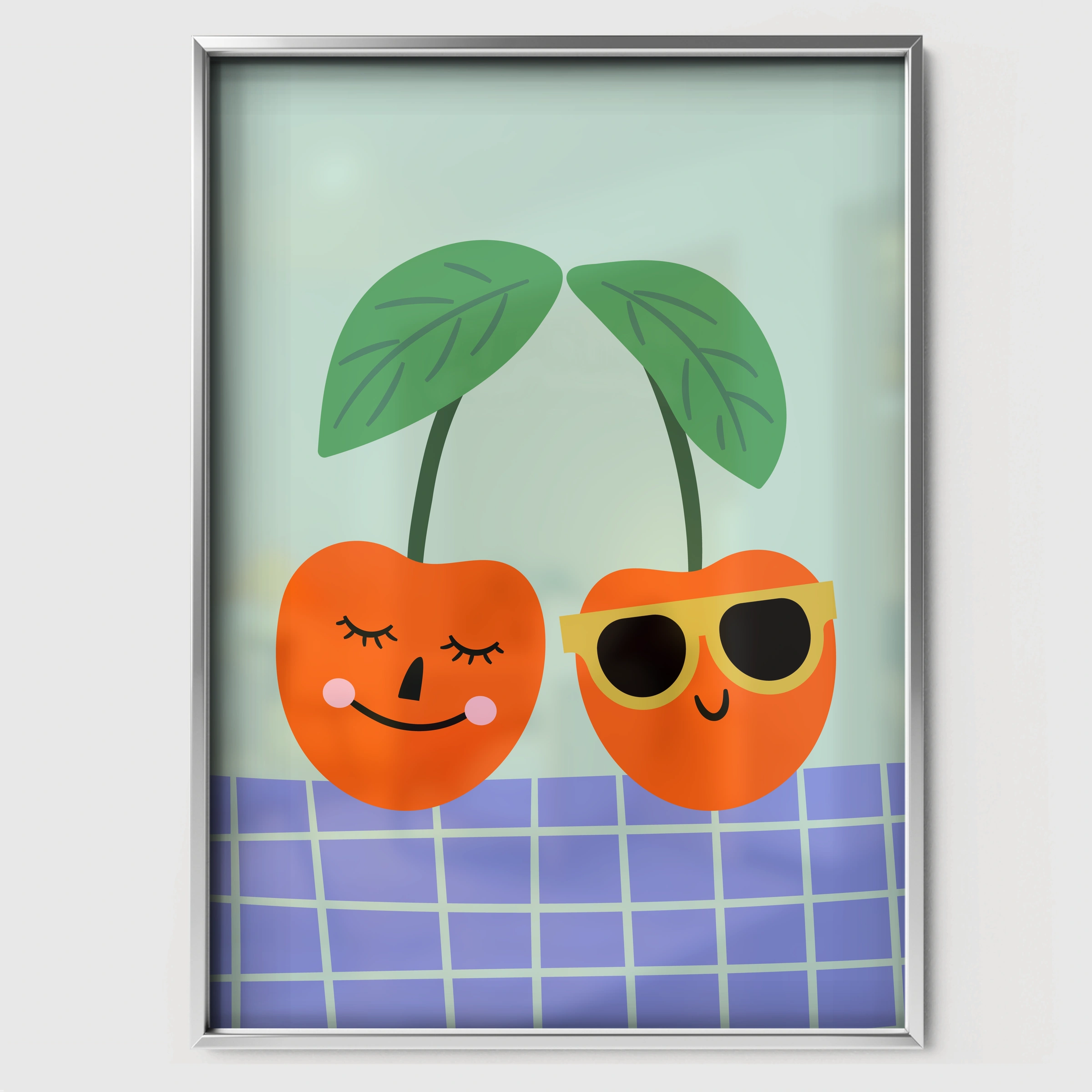 Happy Cherries Nursery Print - white framed nursery wall art print