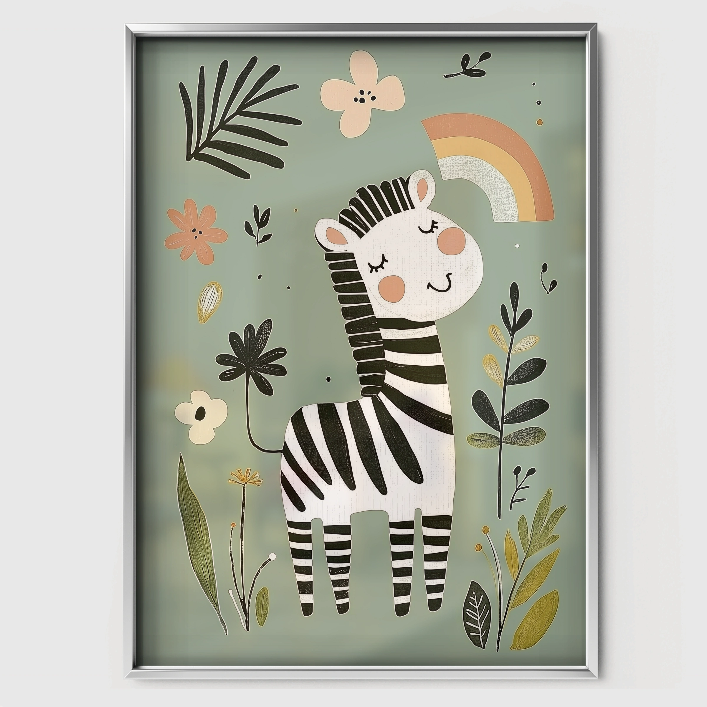 Happy Zebra Nursery Print - white framed nursery wall art print