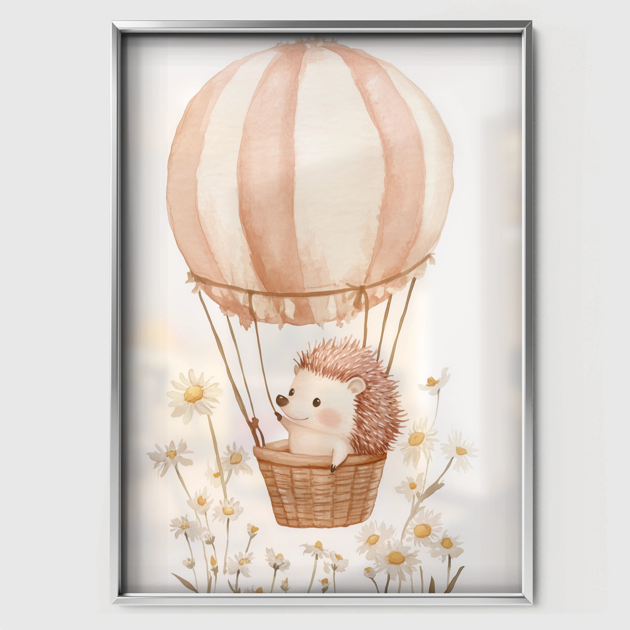 Hedgehog Hot Air Balloon Nursery Print - white framed nursery wall art print