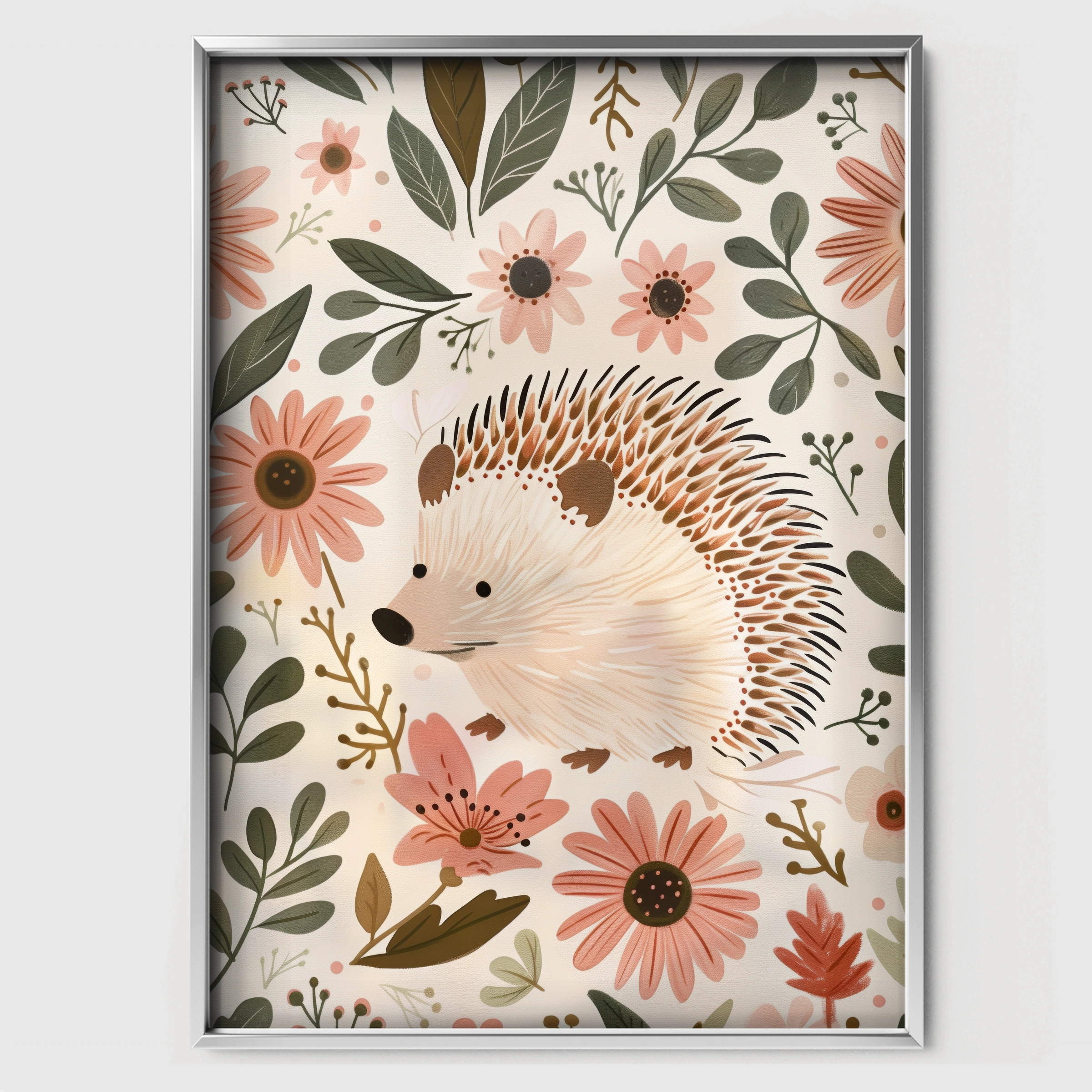 Hedgehog in Flowers Nursery Print - white framed nursery wall art print