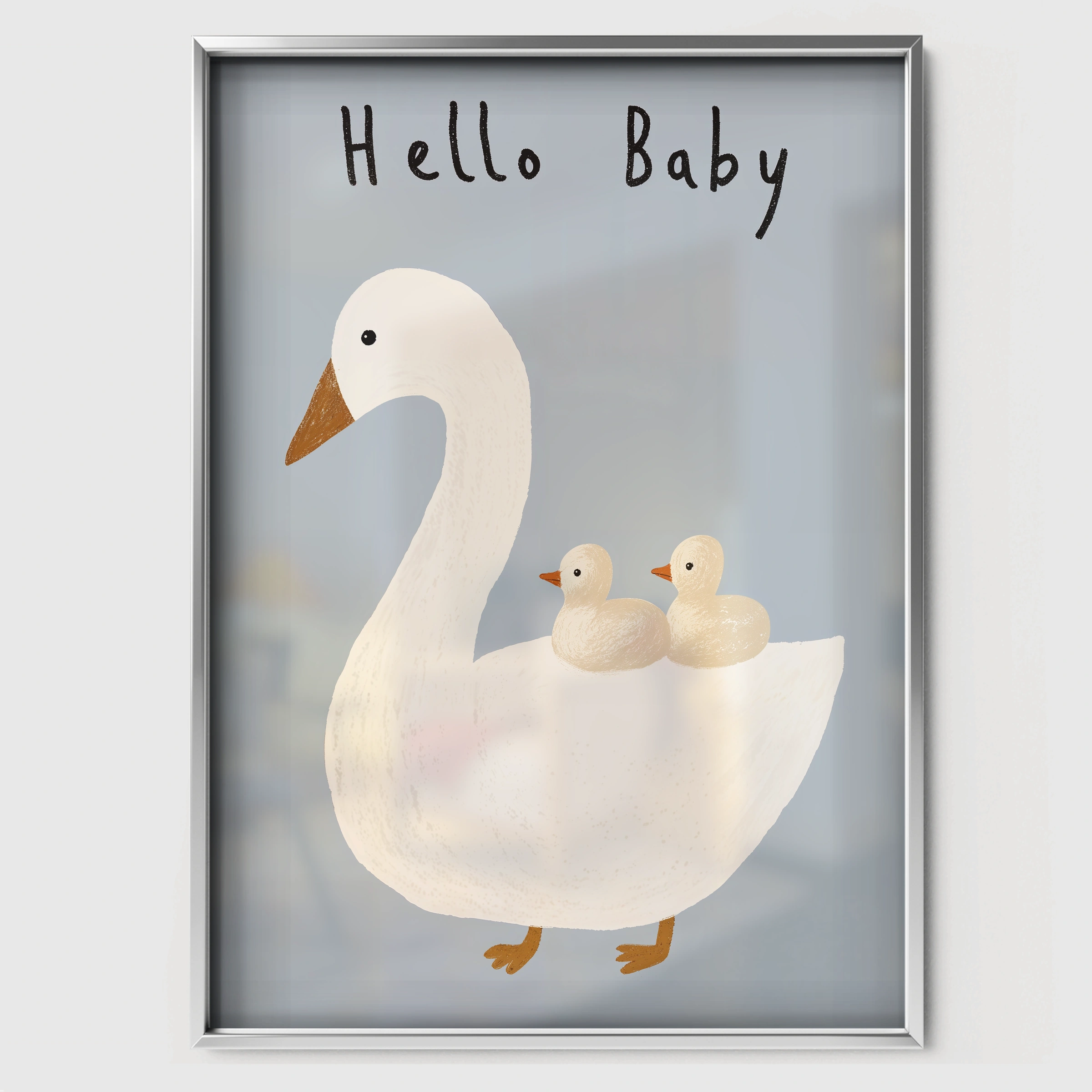 Hello Baby Swan Nursery Print - white framed nursery wall art print