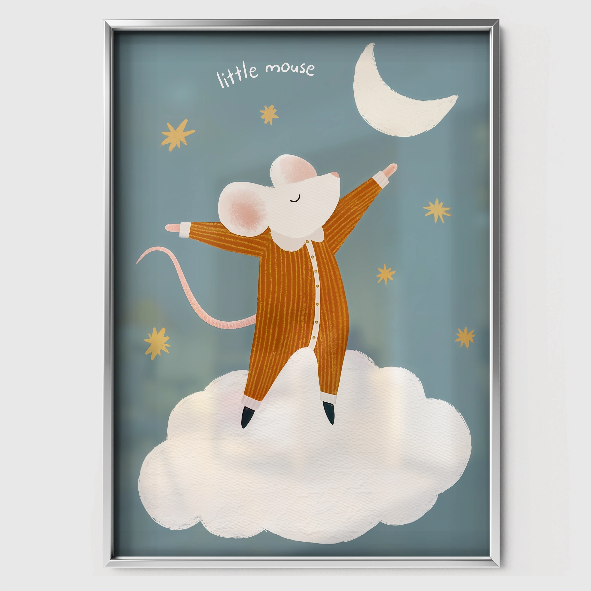 Hello Moon Mouse Nursery Print - white framed nursery wall art print