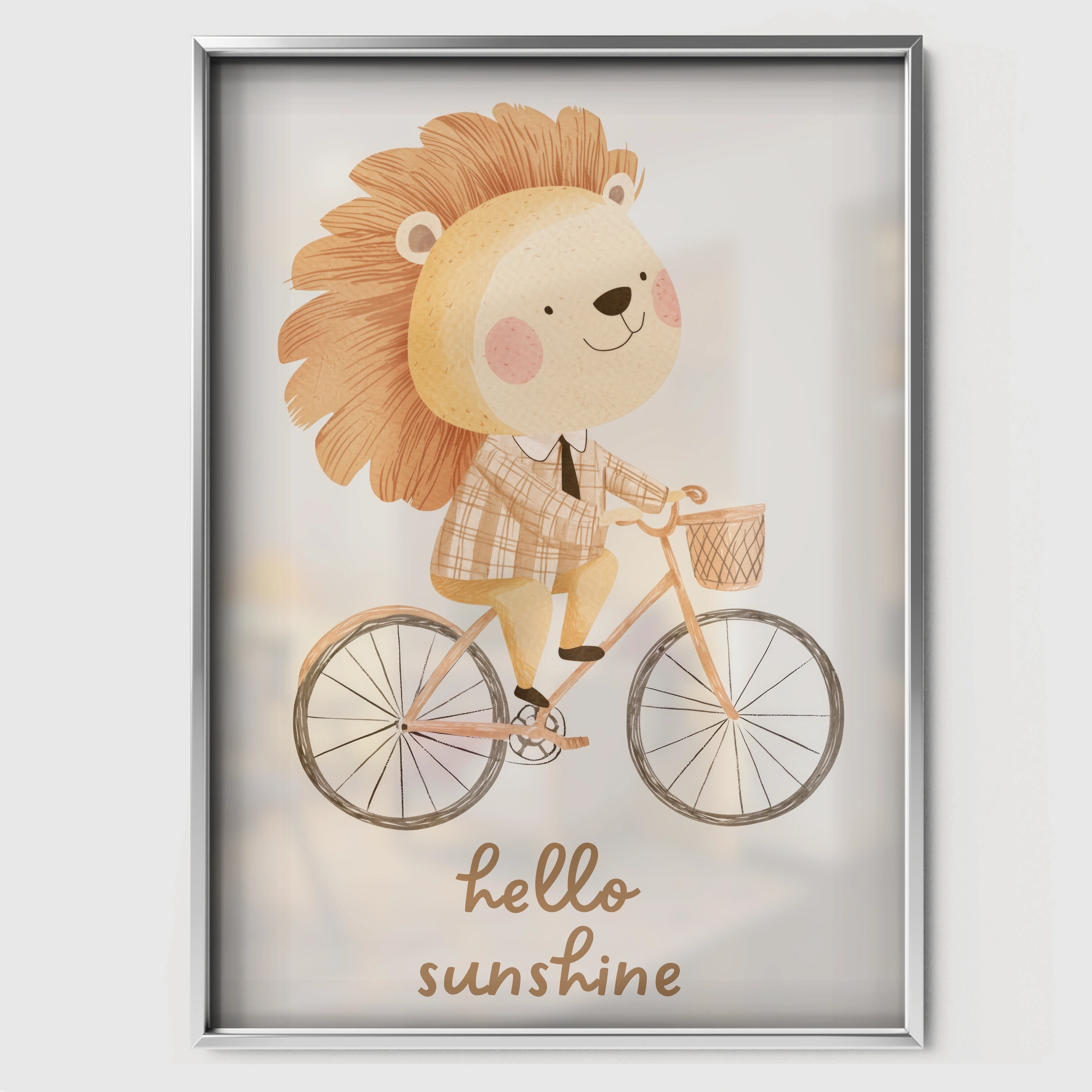 Hello Sunshine Cycling Lion Nursery Print - white framed nursery wall art print
