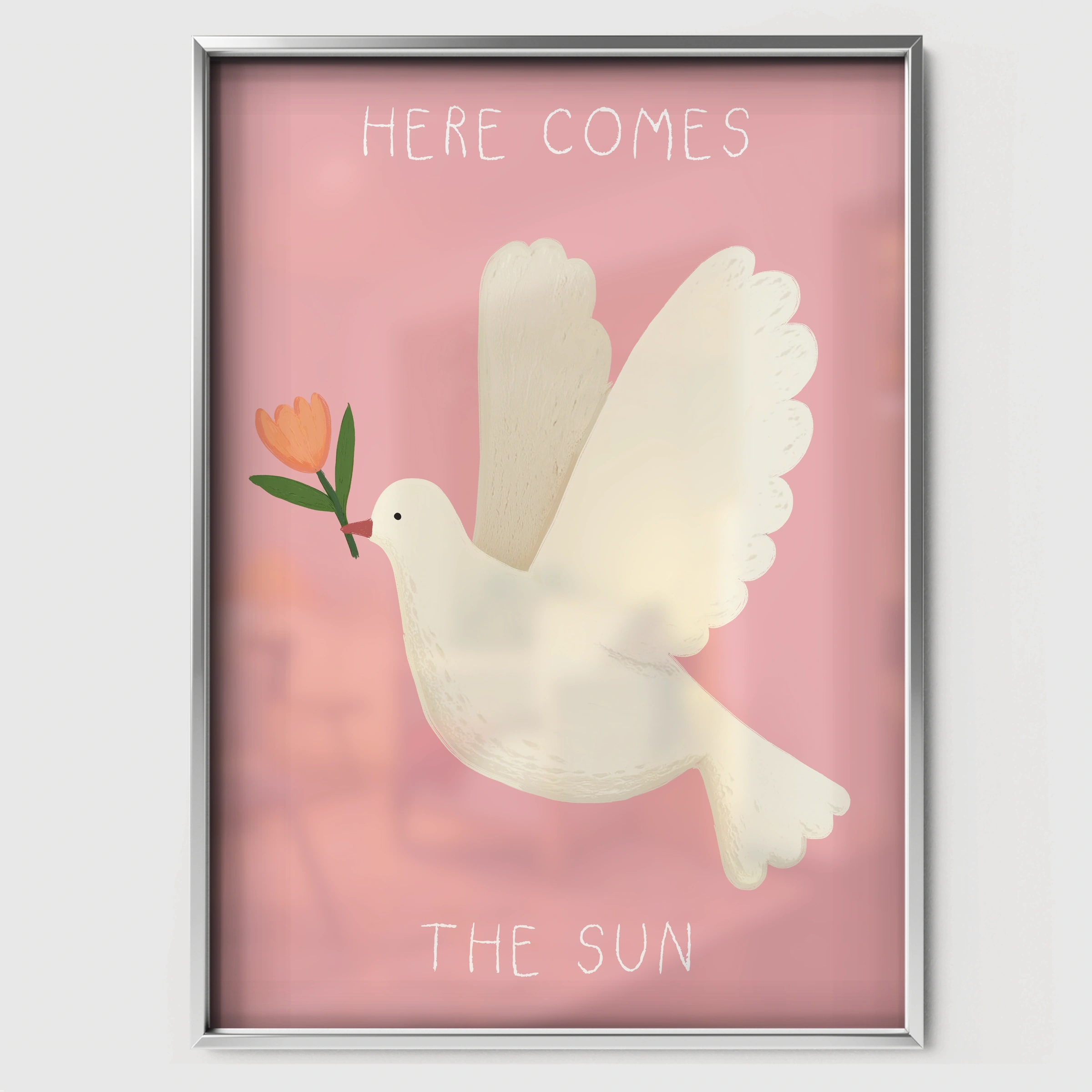 Here Comes the Sun Dove Nursery Print - white framed nursery wall art print