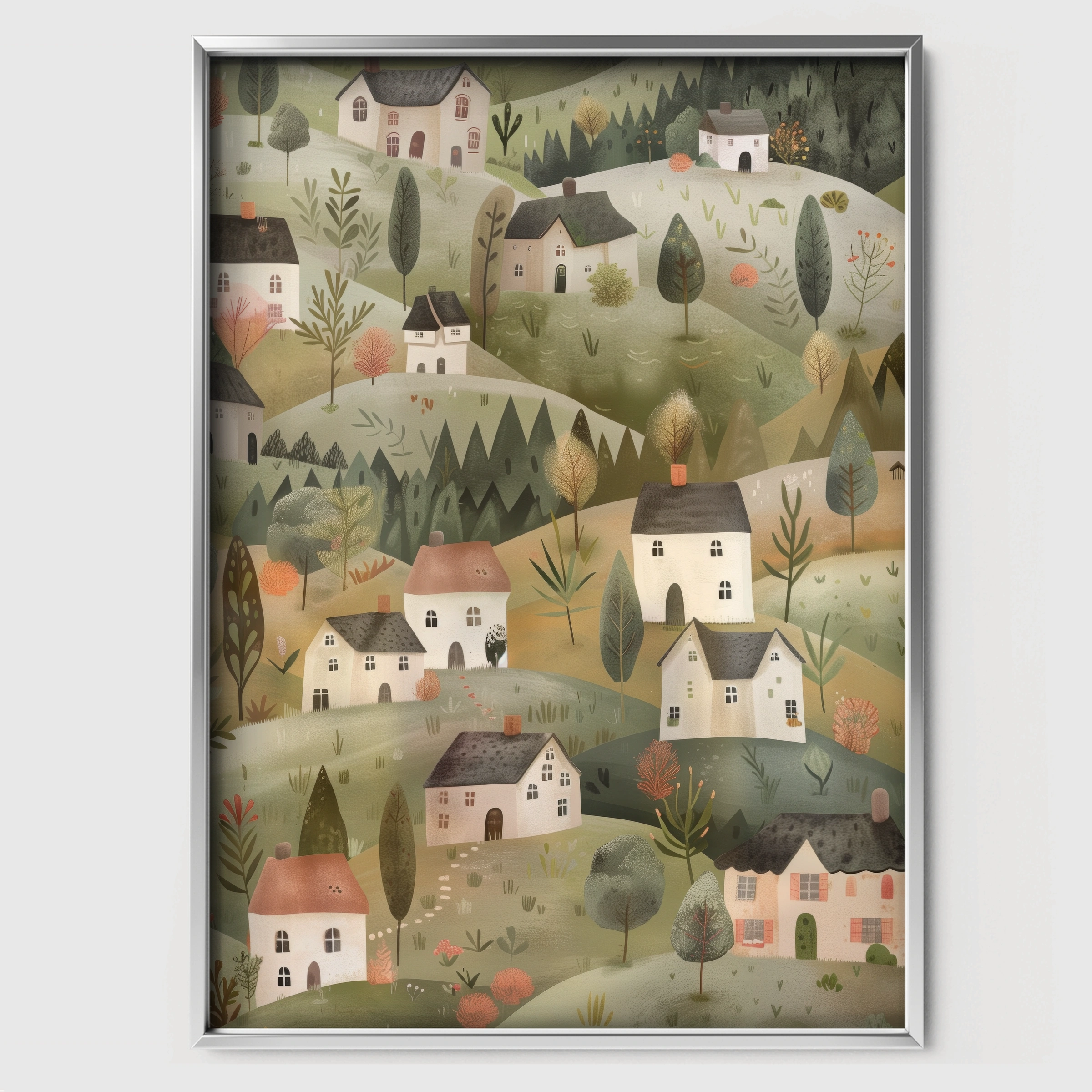 Hillside Houses Nursery Print - white framed nursery wall art print