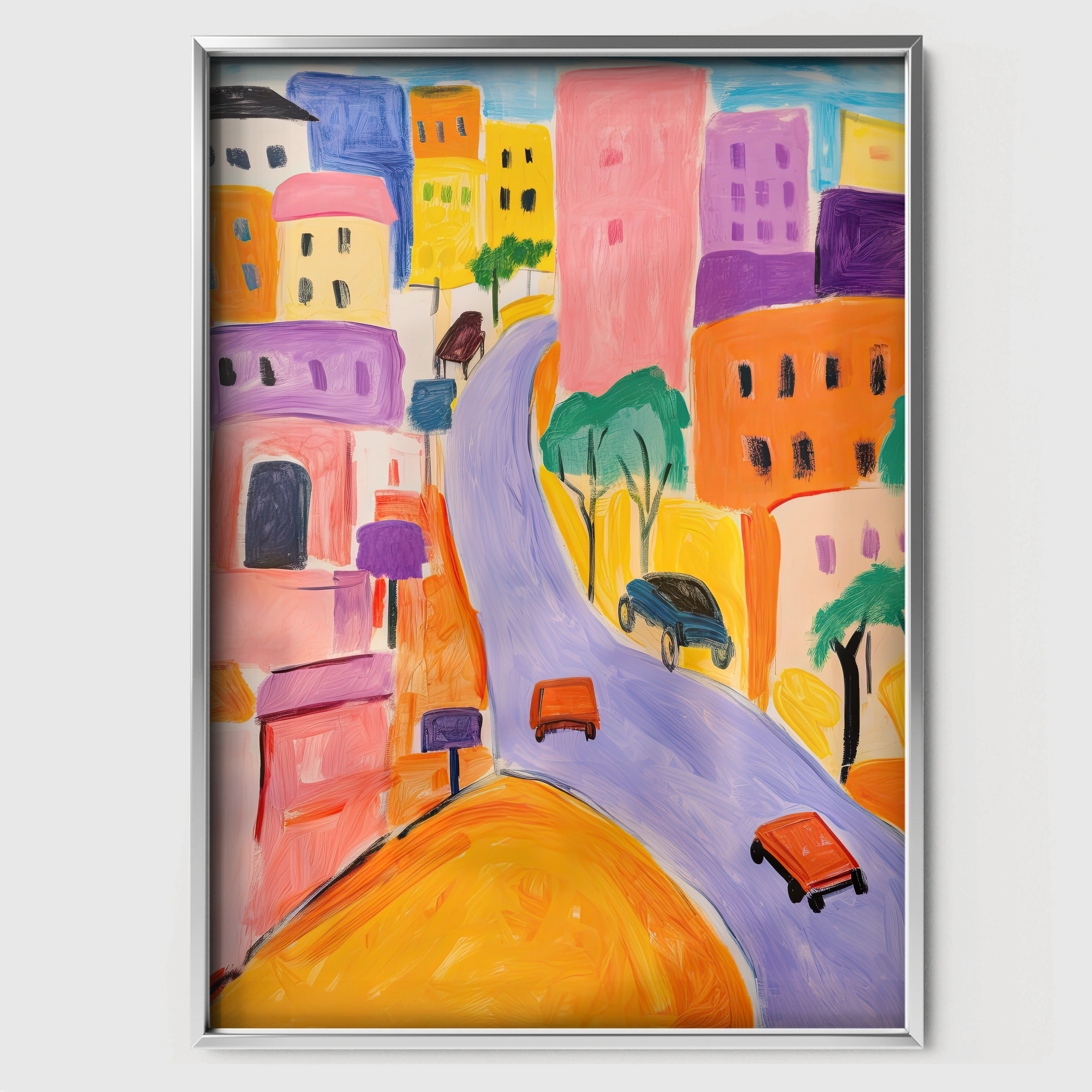 Hillside Town Nursery Print - white framed nursery wall art print
