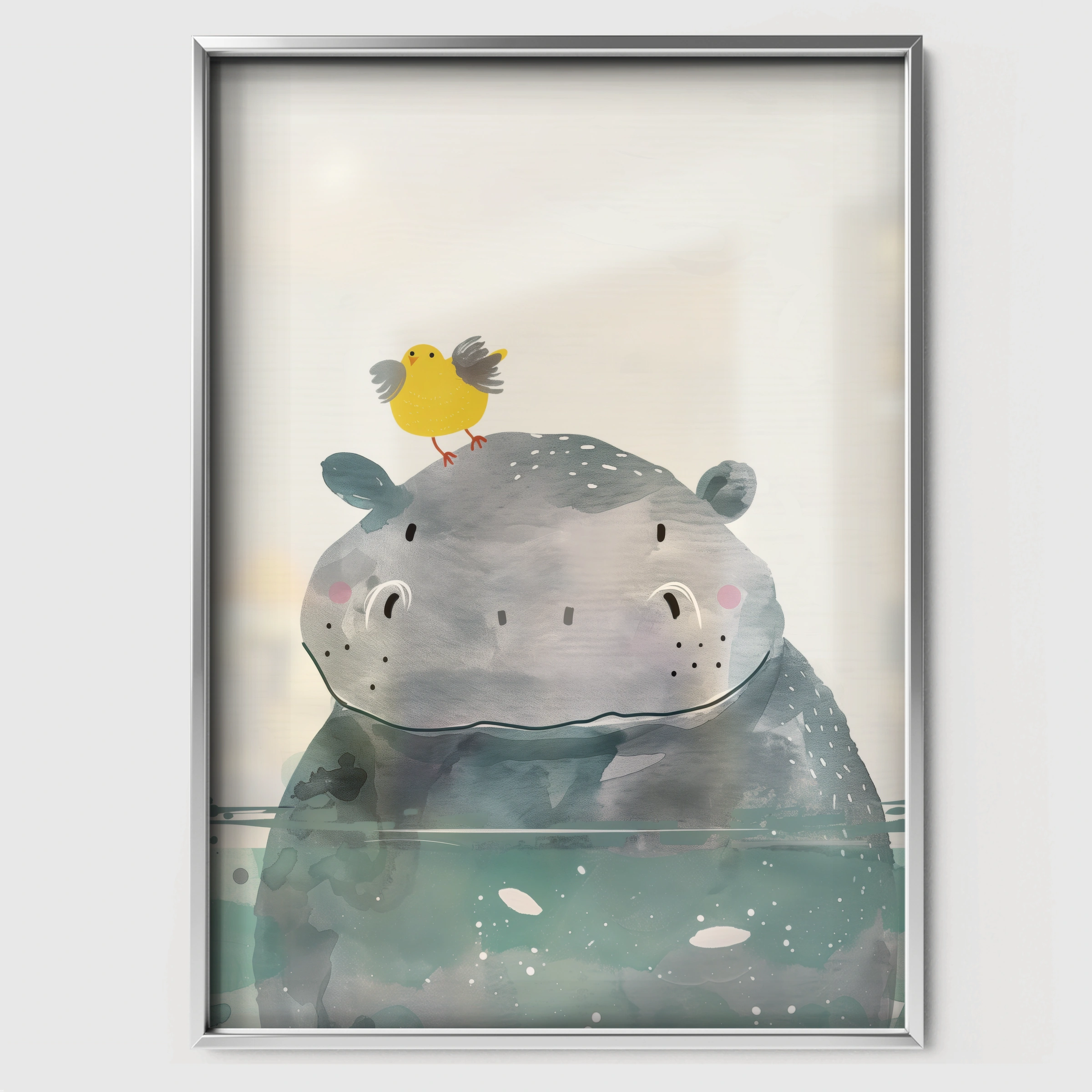 Hippo and a Bird Nursery Print - white framed nursery wall art print