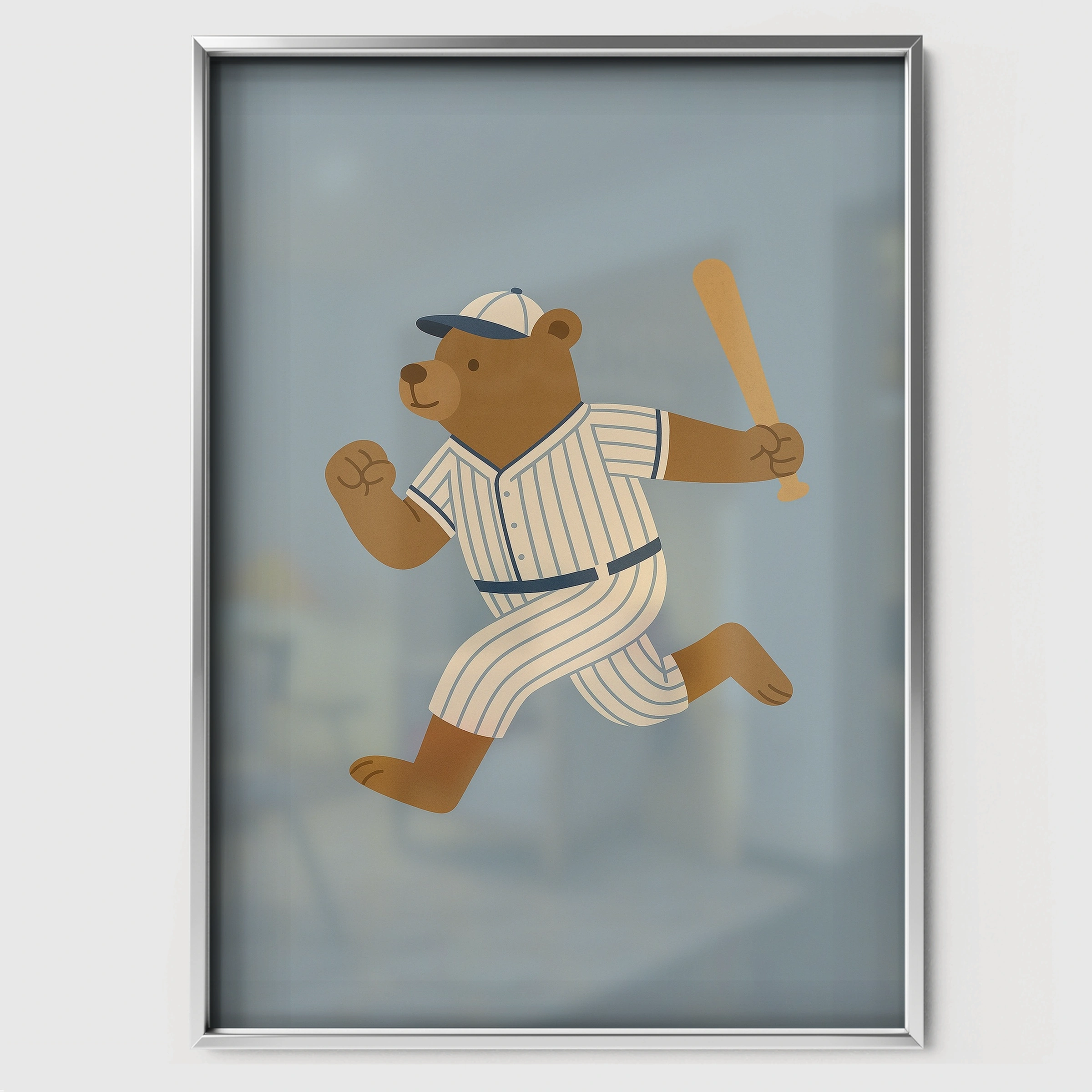 Home Run Bear Nursery Print - white framed nursery wall art print