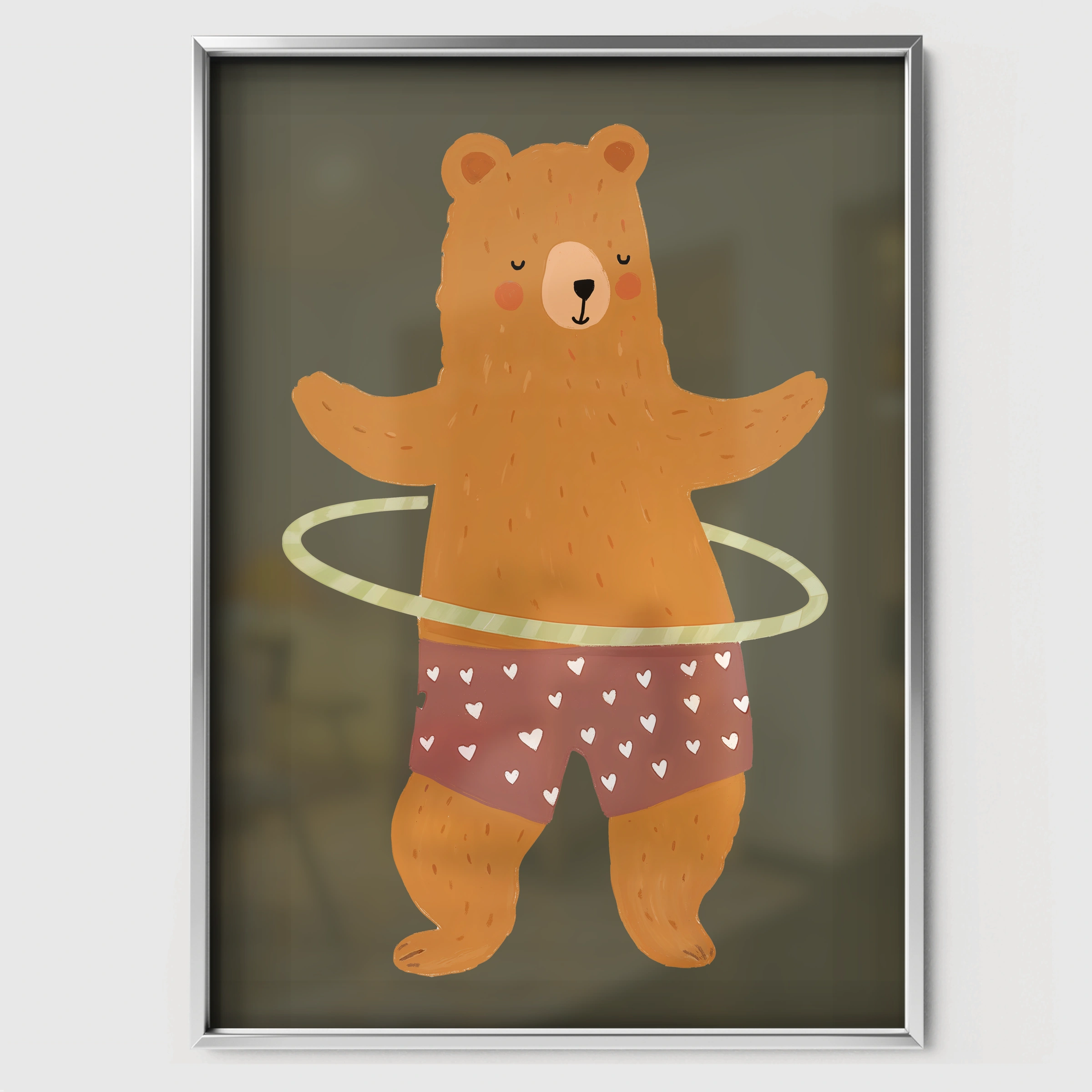 Hula Hoop Bear Nursery Print - white framed nursery wall art print