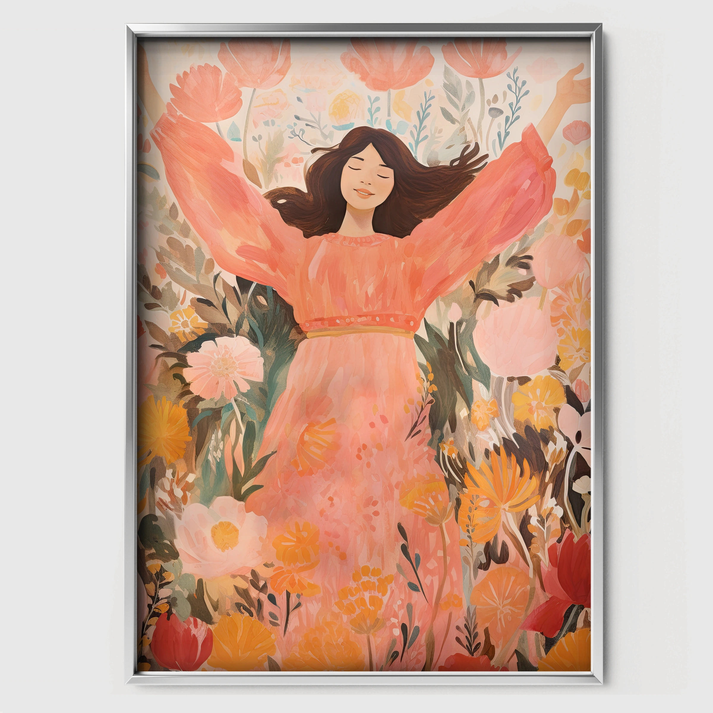 Joyful Flowers Figure Nursery Print - white framed nursery wall art print