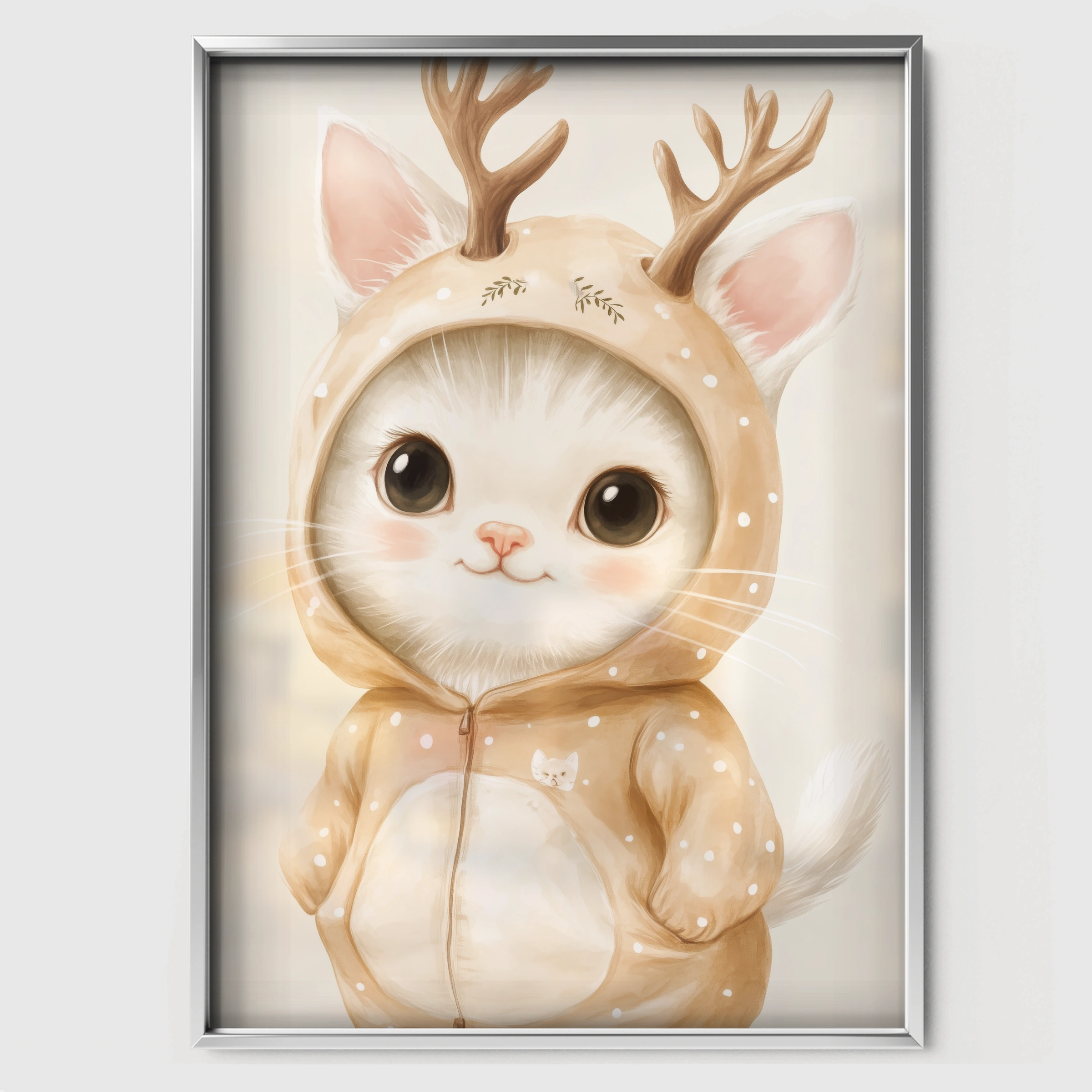 Kitten in a Reindeer Suit Christmas Print - white framed nursery wall art print