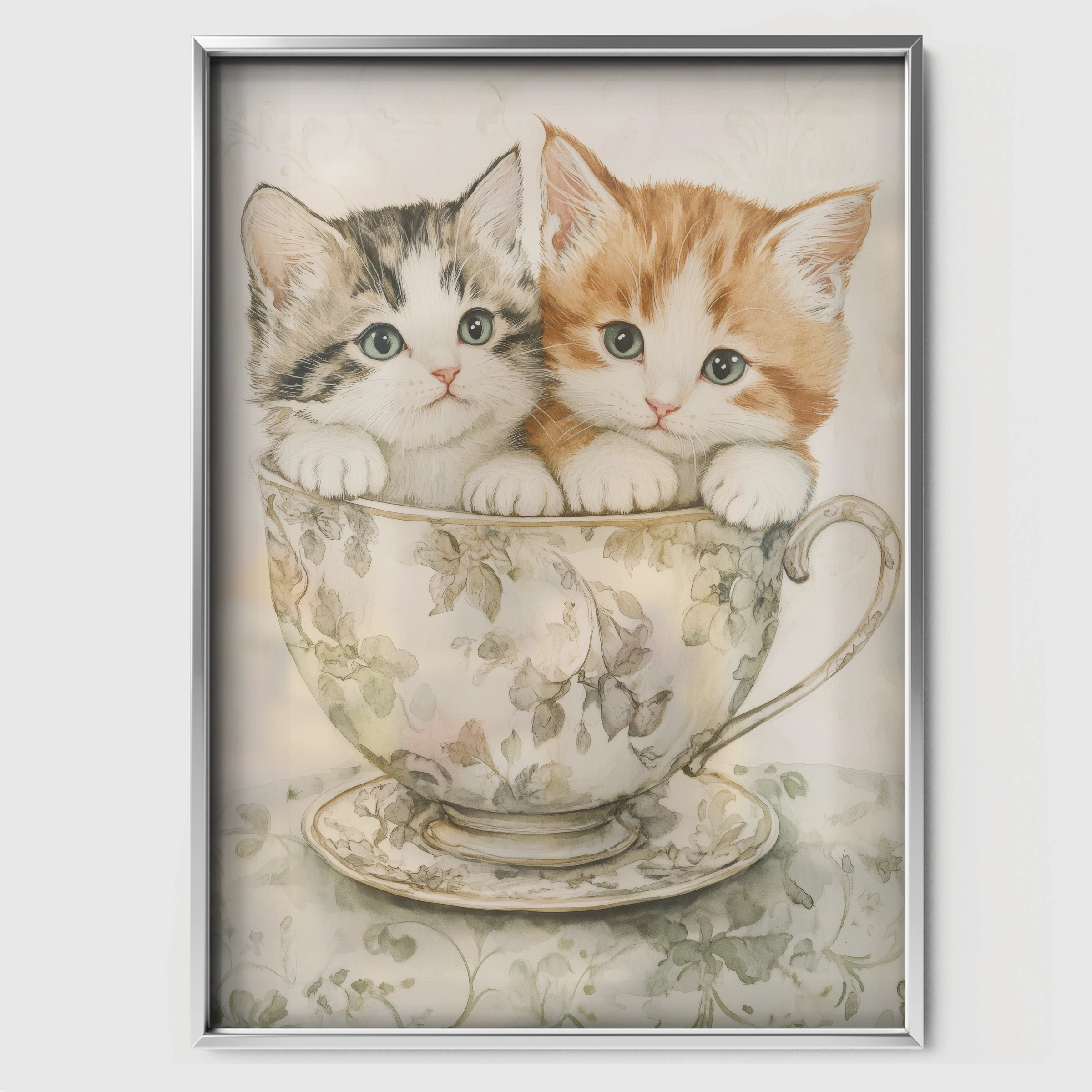 Kittens in a Teacup Nursery Print - white framed nursery wall art print