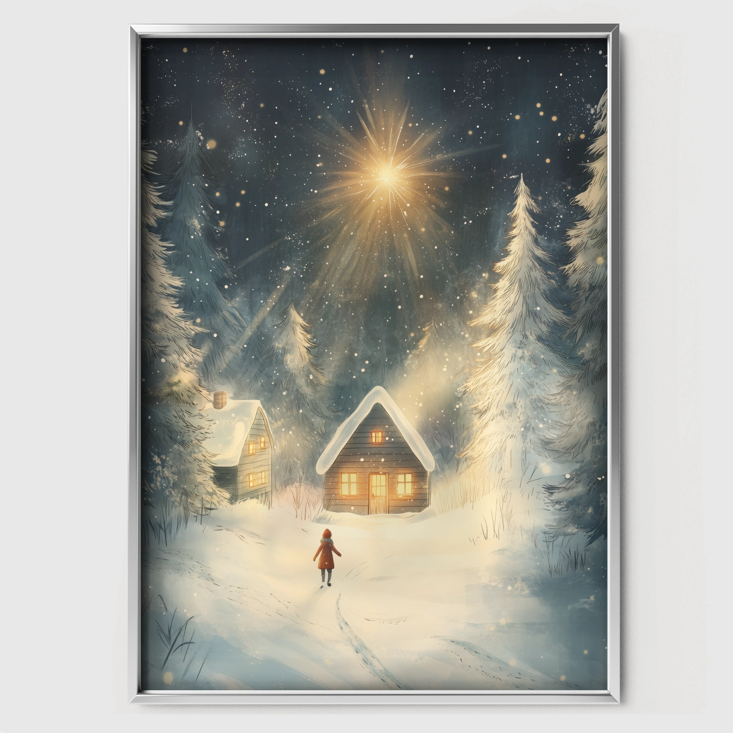 Lantern Cabin Christmas Print - white framed nursery wall art print