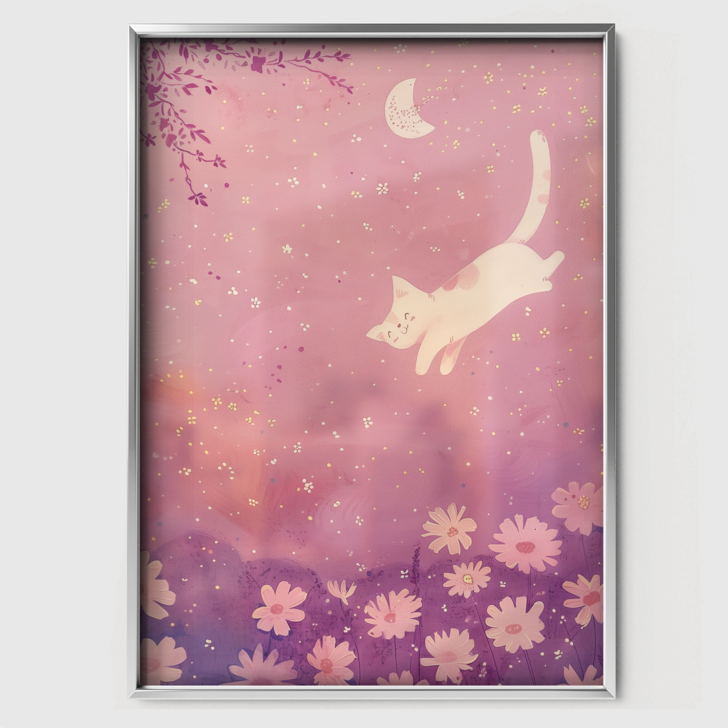 Leaping Cat Nursery Print - white framed nursery wall art print