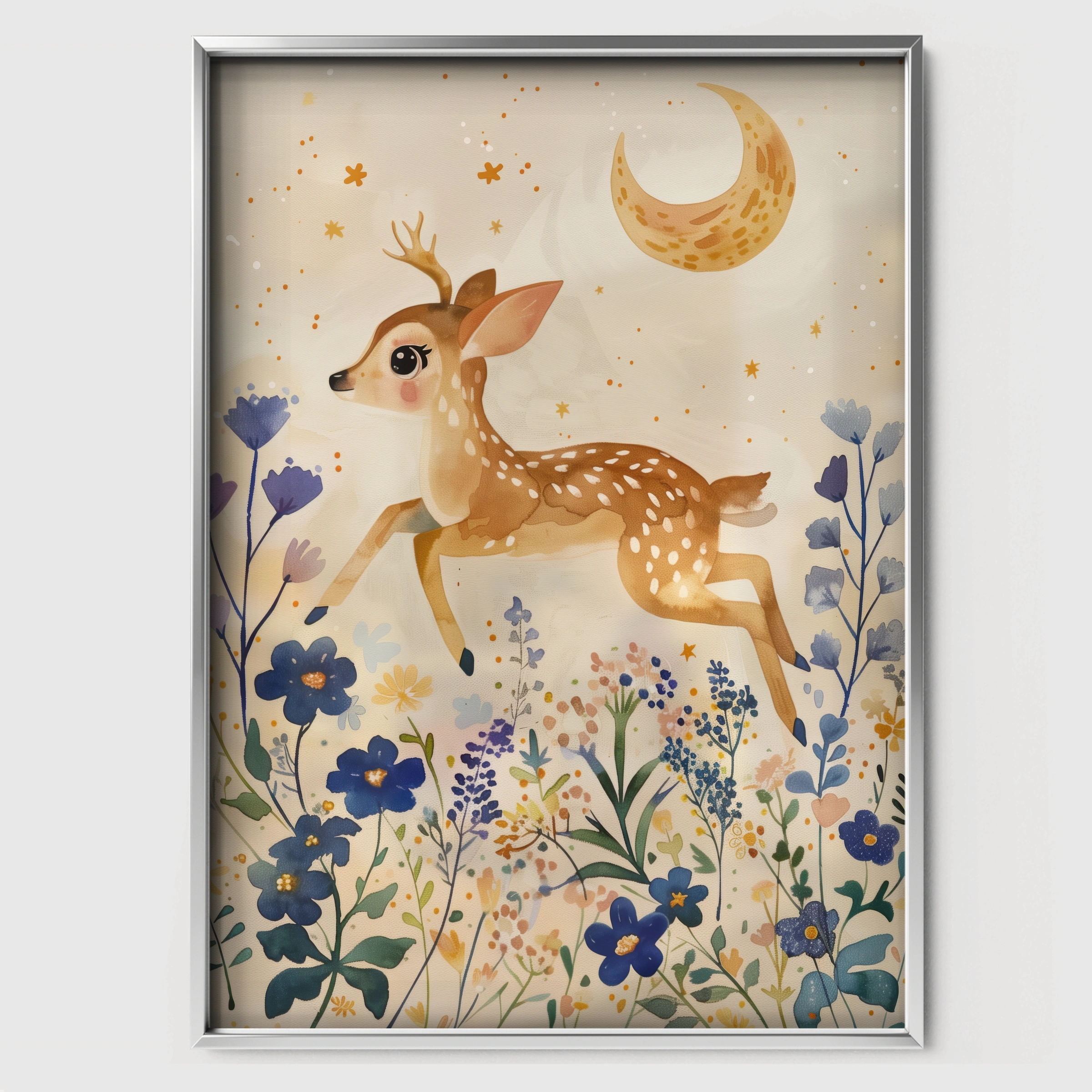 Leaping Fawn Nursery Print - white framed nursery wall art print