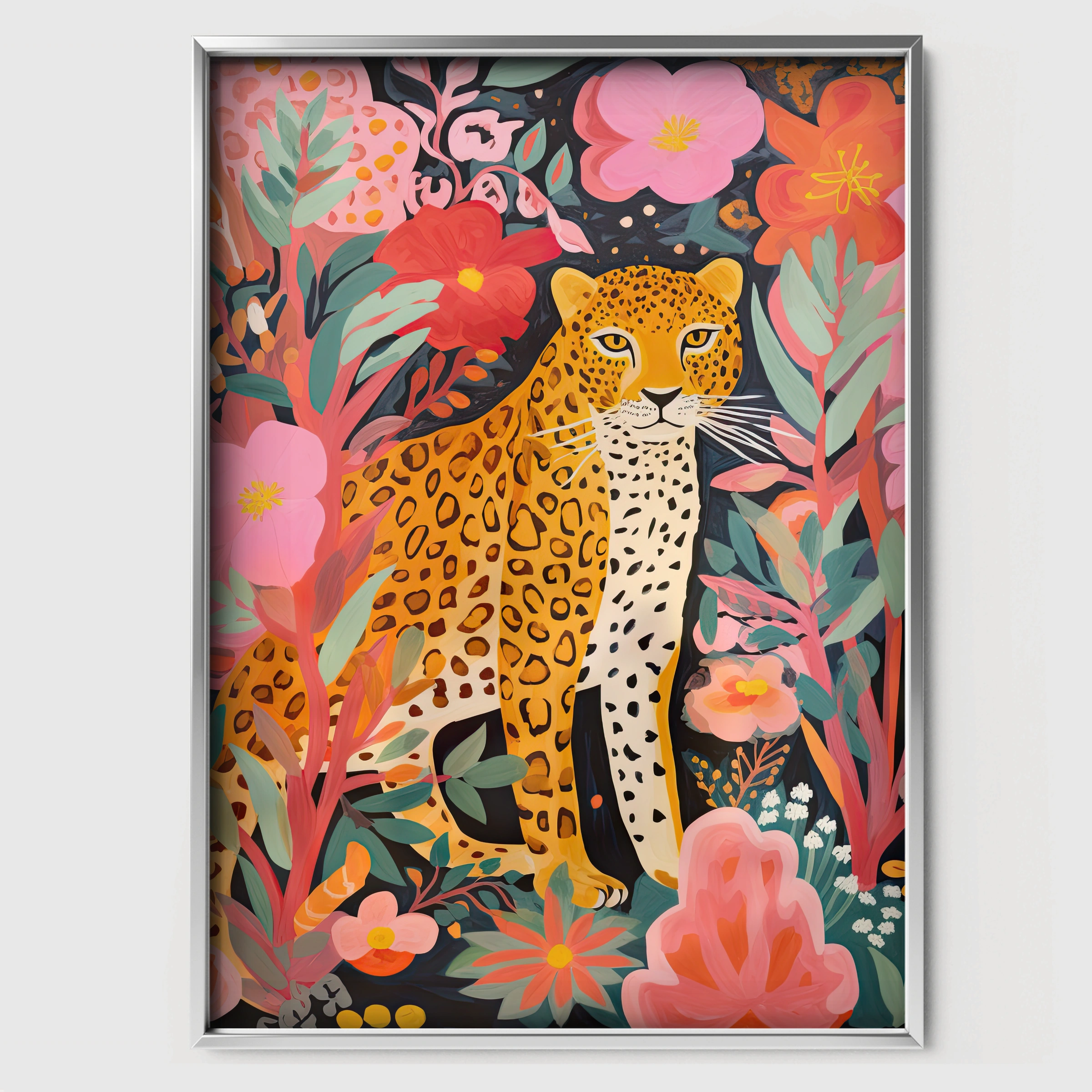 Leopard in Flowers Nursery Print - white framed nursery wall art print