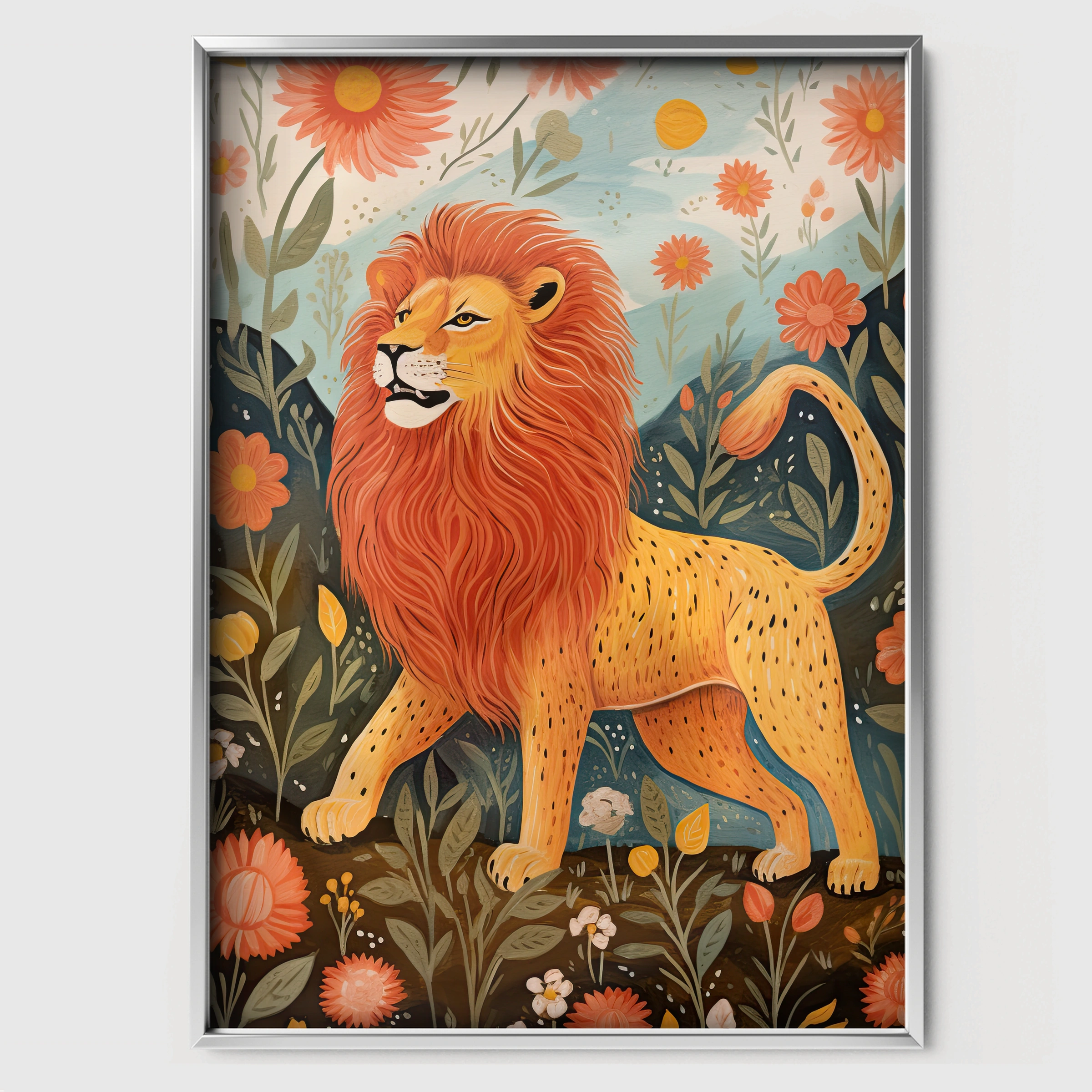 Lion Among Flowers Nursery Print - white framed nursery wall art print