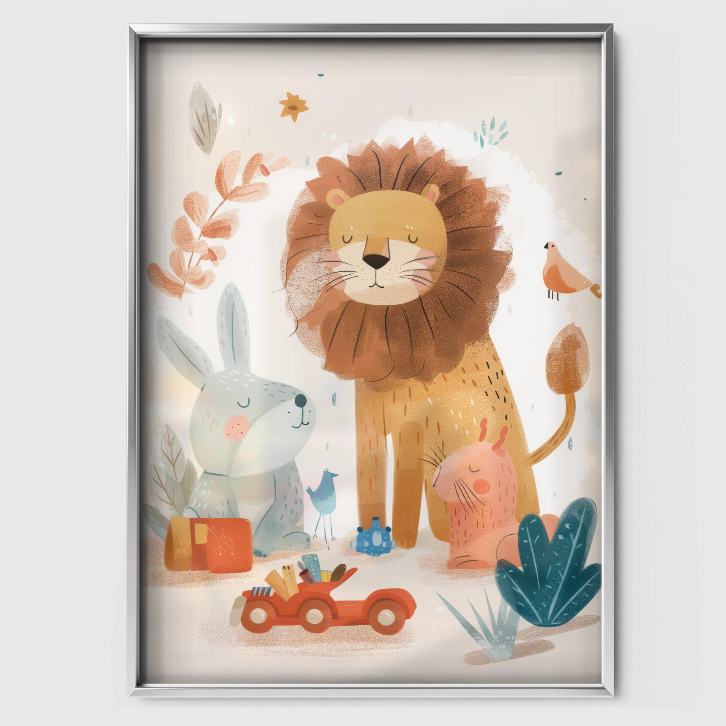 Lion and Bunny Toys Nursery Print - white framed nursery wall art print