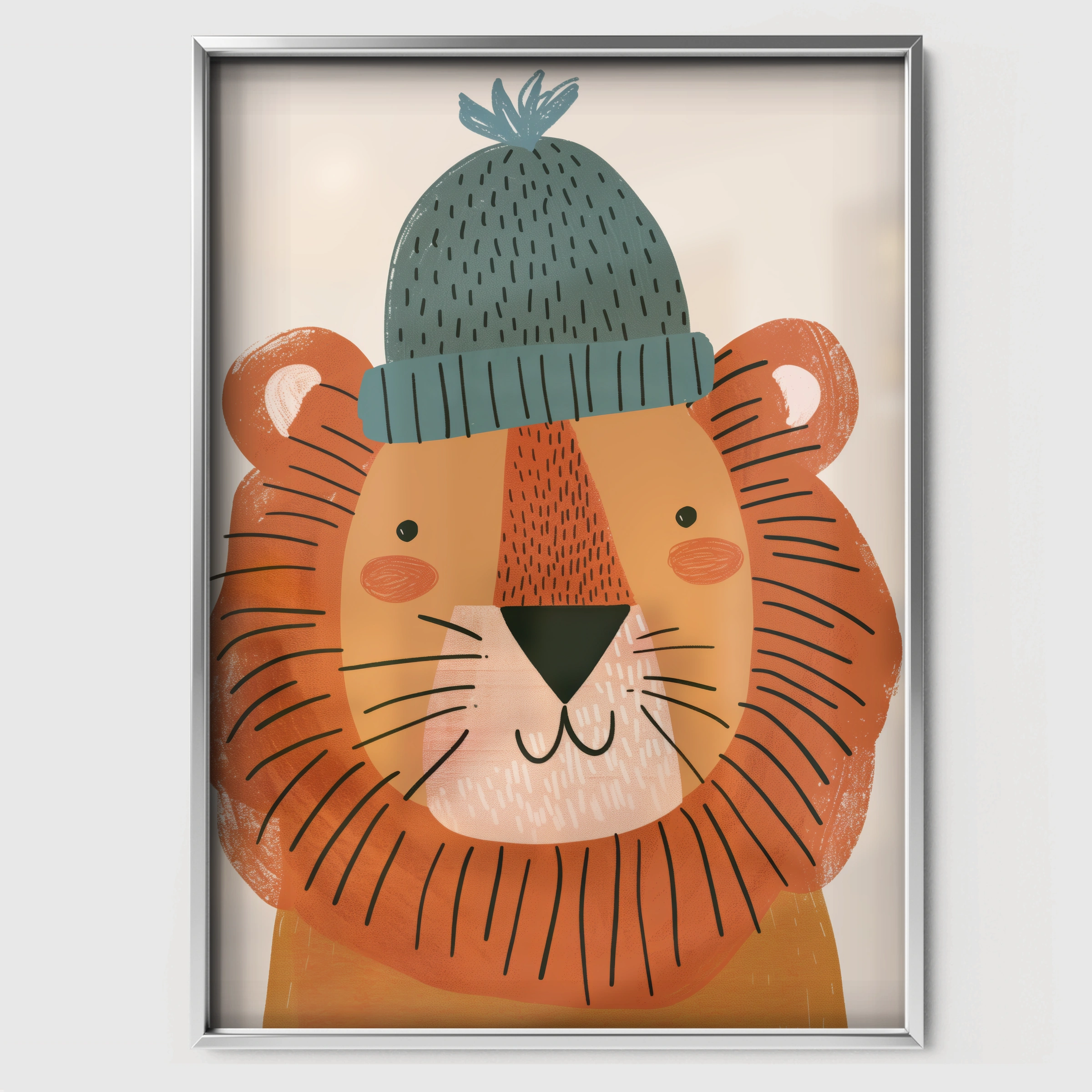 Lion in a Beanie Nursery Print - white framed nursery wall art print