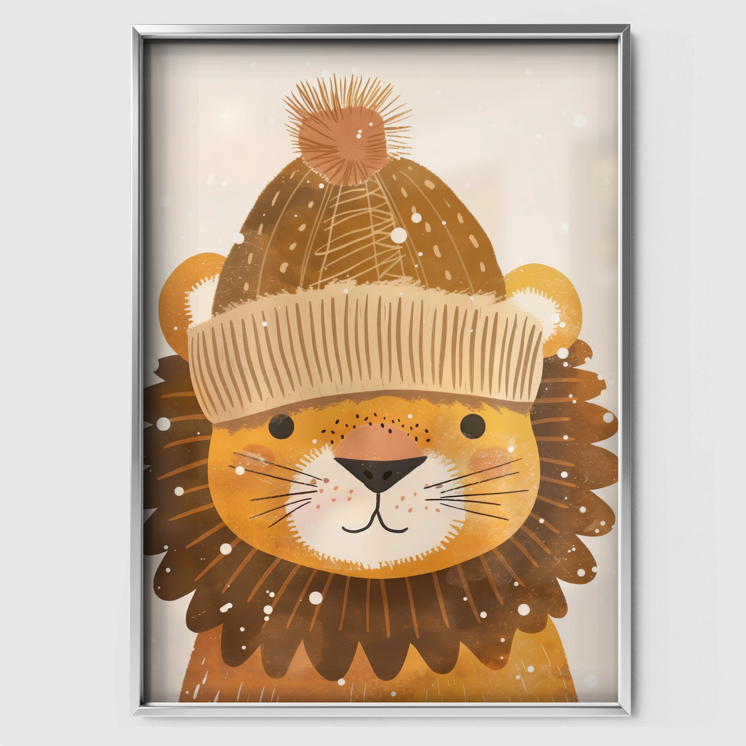 Lion in a Bobble Hat Nursery Print - white framed nursery wall art print