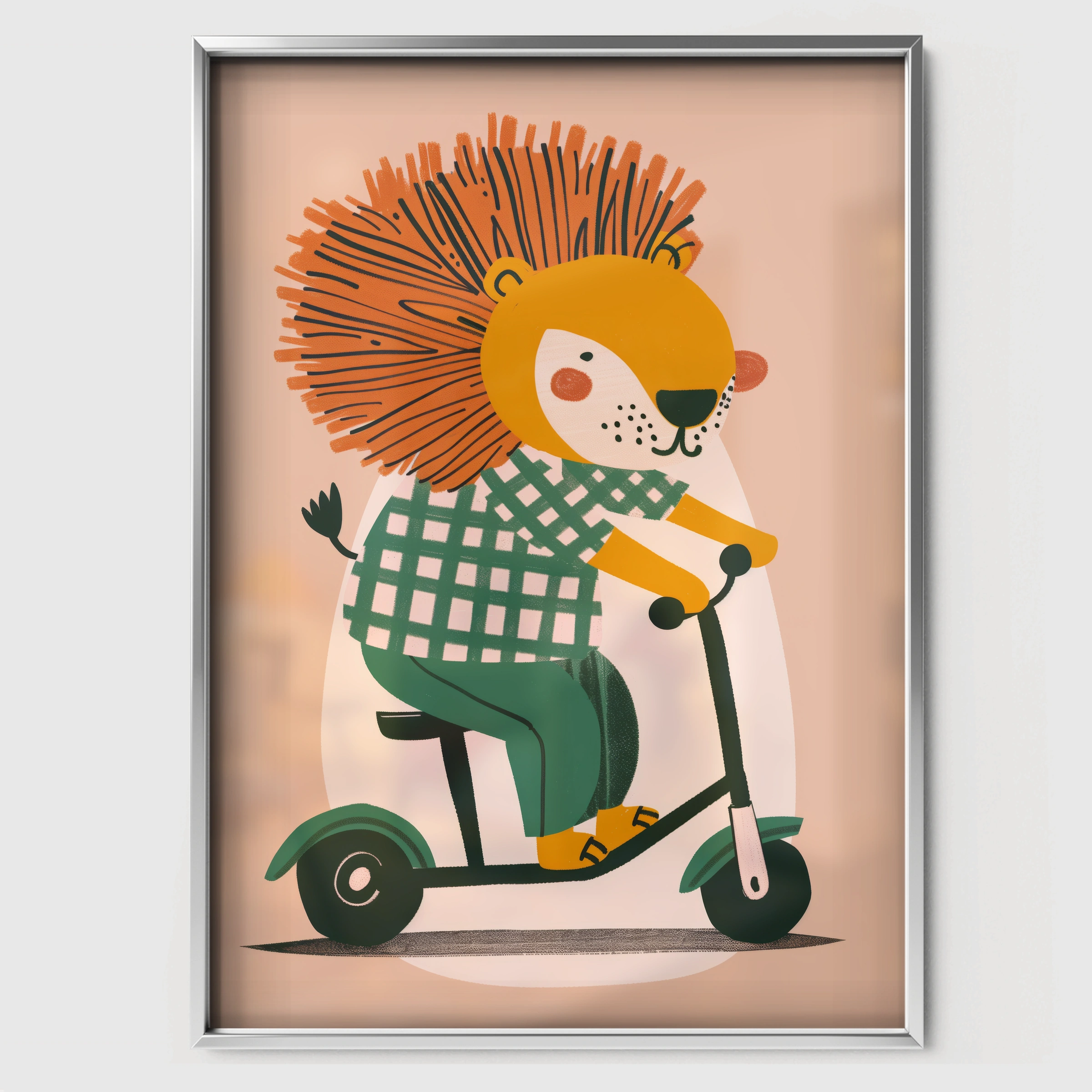 Lion on a Scooter Nursery Print - white framed nursery wall art print