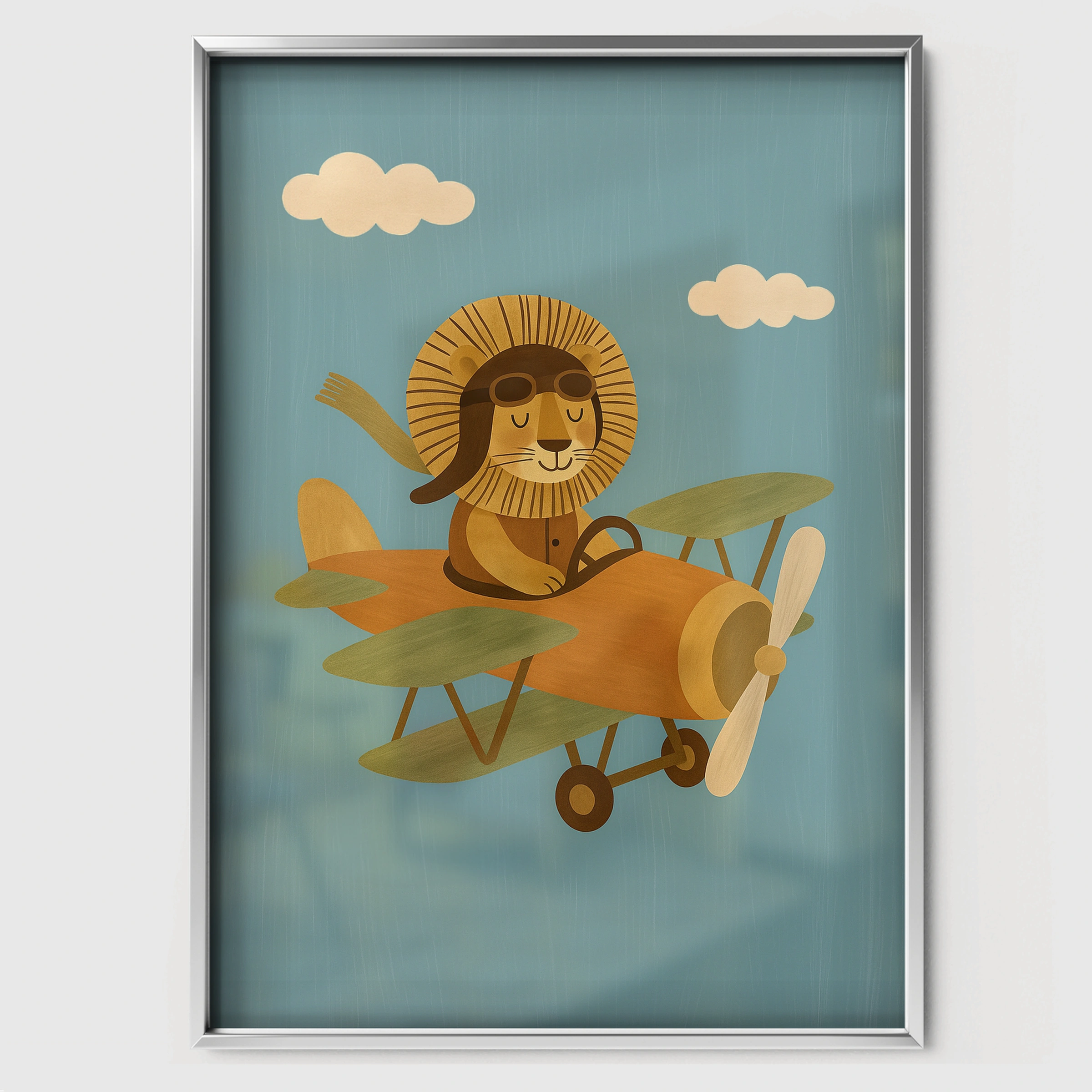 Lion Pilot in a Plane Nursery Print - white framed nursery wall art print