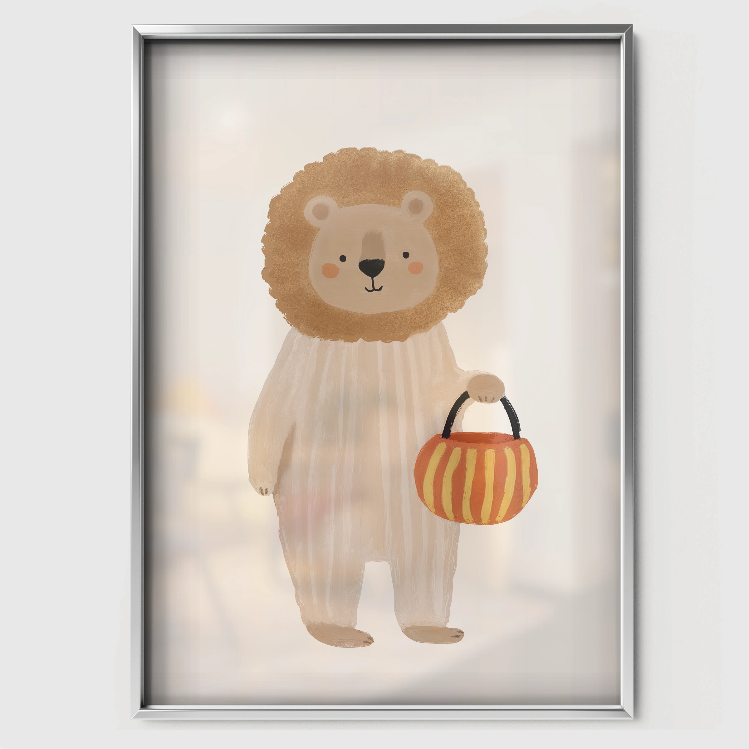 Lion with a Basket Nursery Print - white framed nursery wall art print