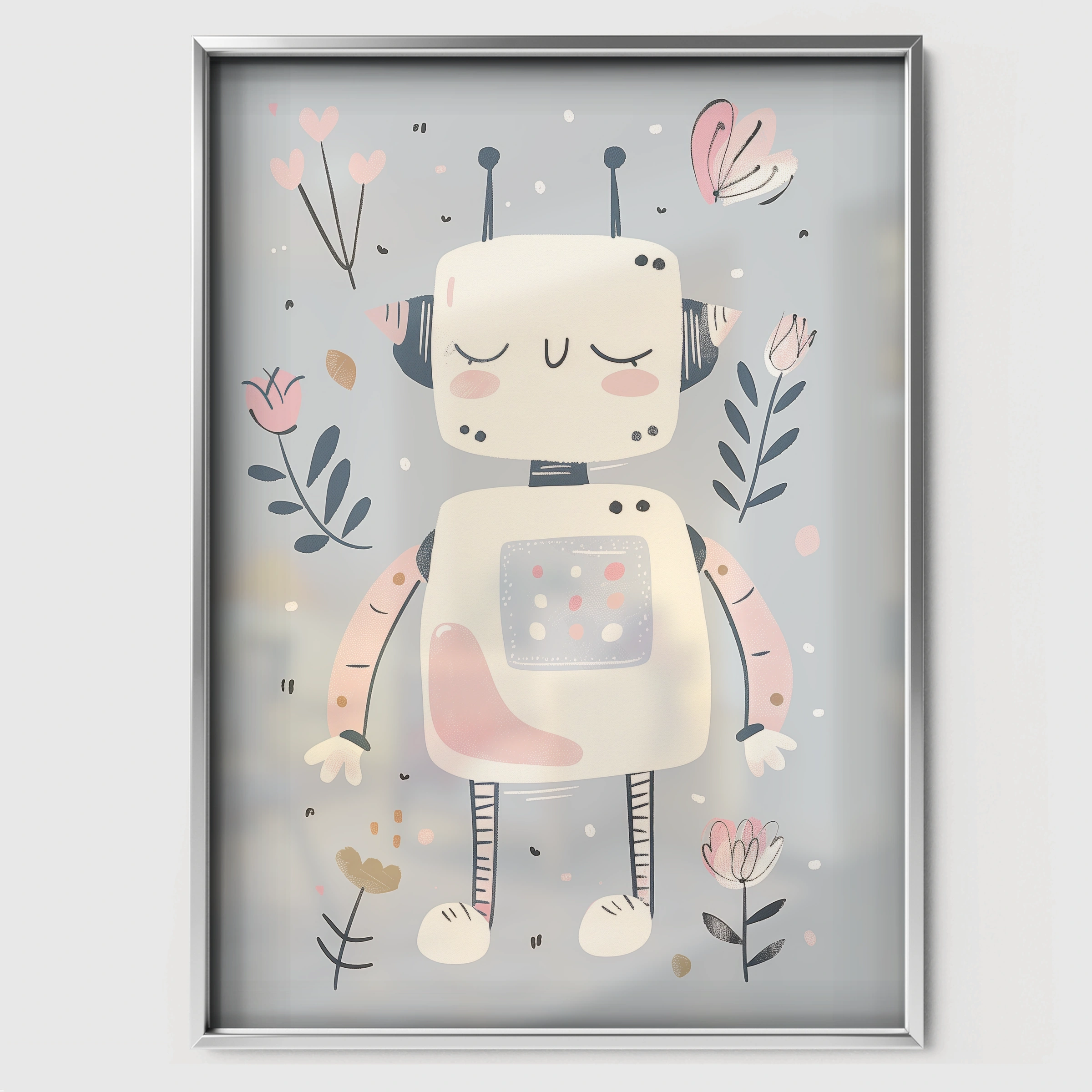 Little Robot Nursery Print - white framed nursery wall art print