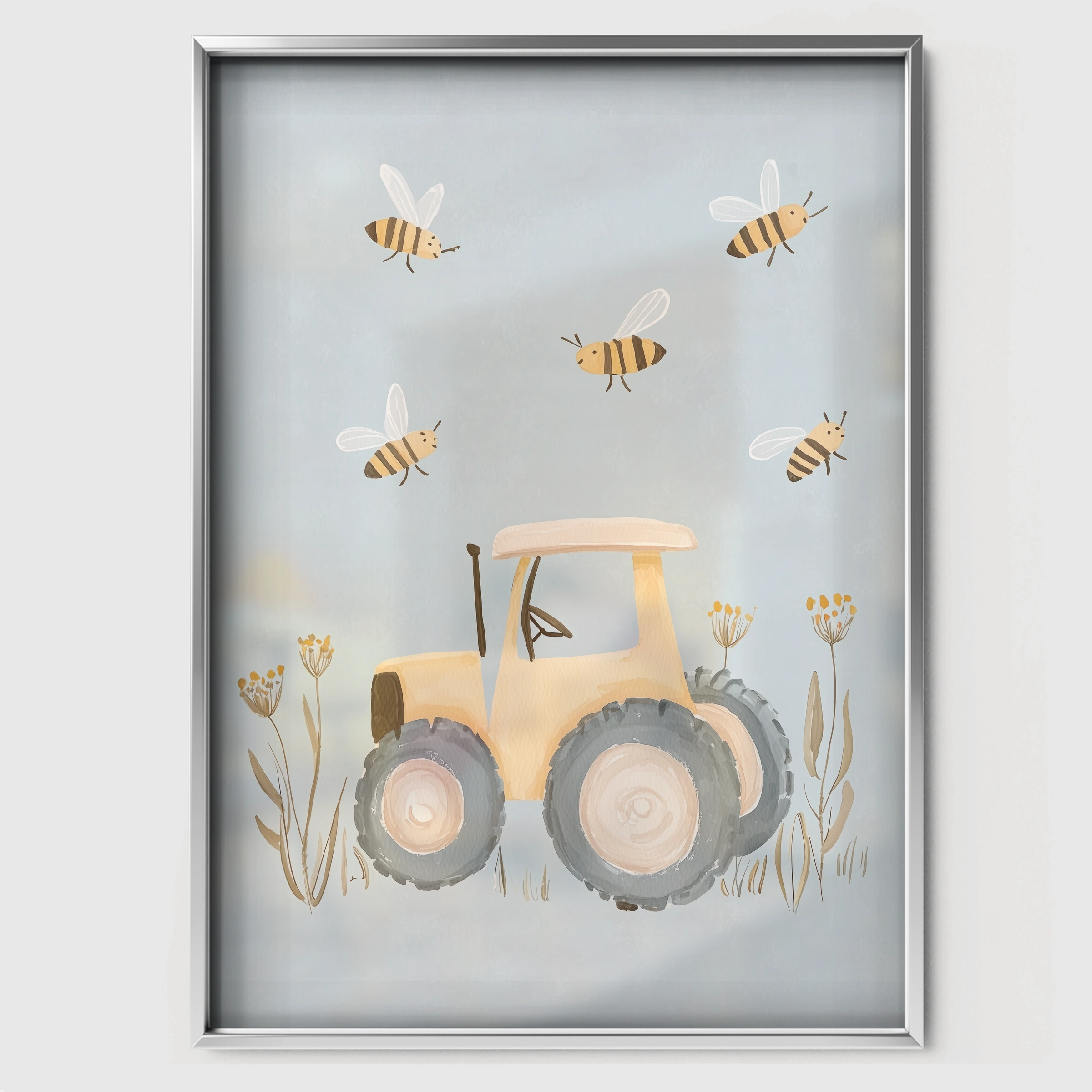 Little Tractor Nursery Print - white framed nursery wall art print