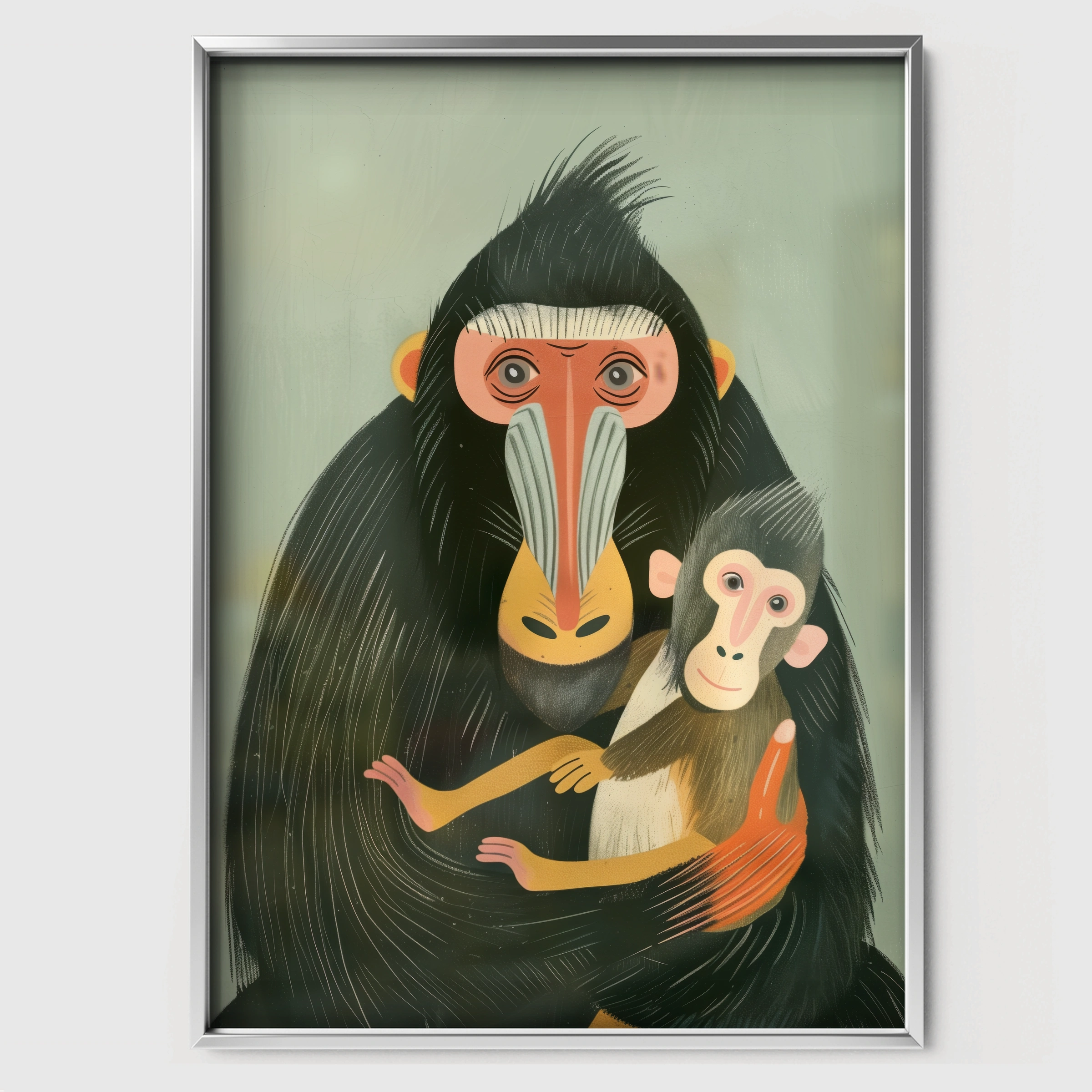 Mandrill and Baby Nursery Print - white framed nursery wall art print