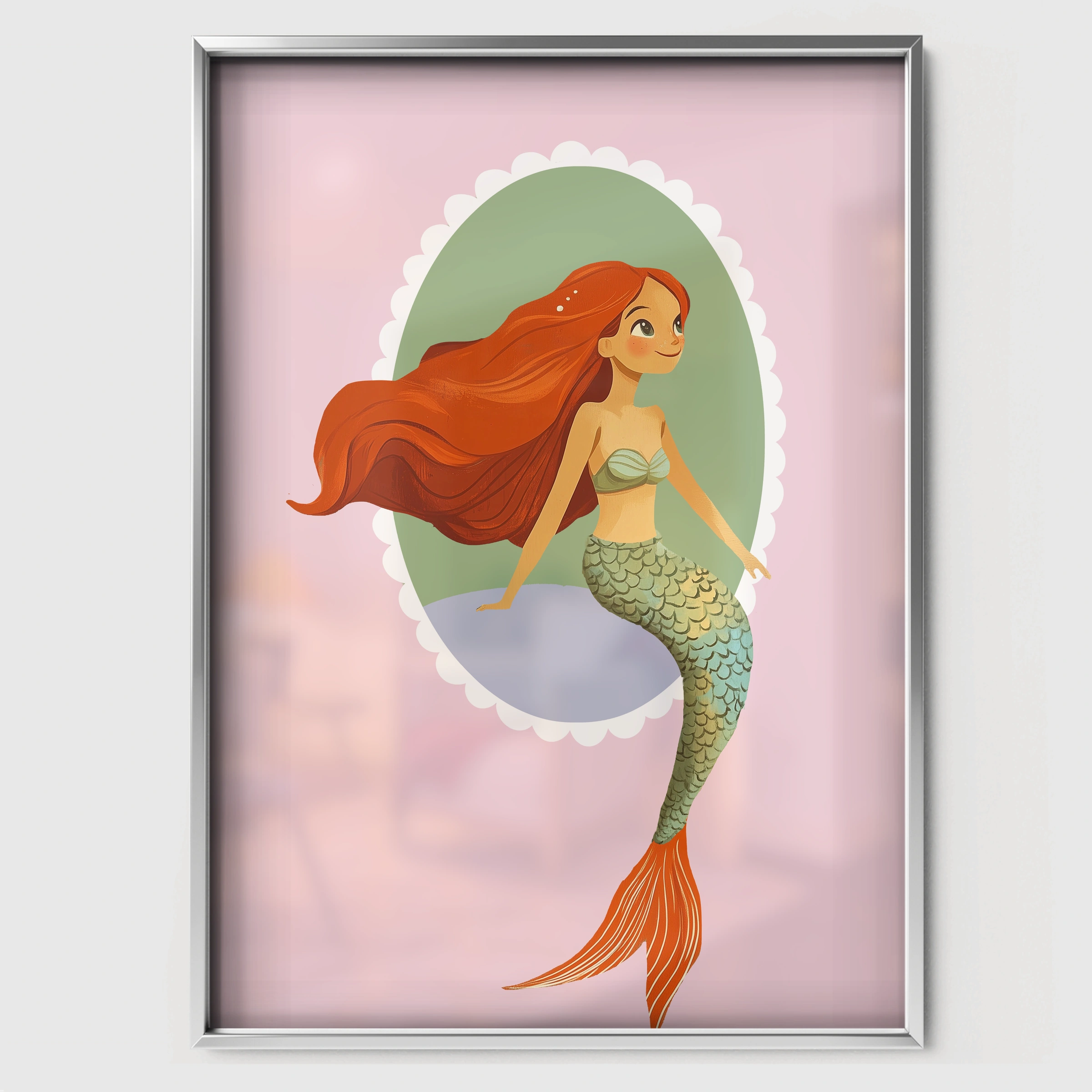 Mermaid Cameo Nursery Print - white framed nursery wall art print