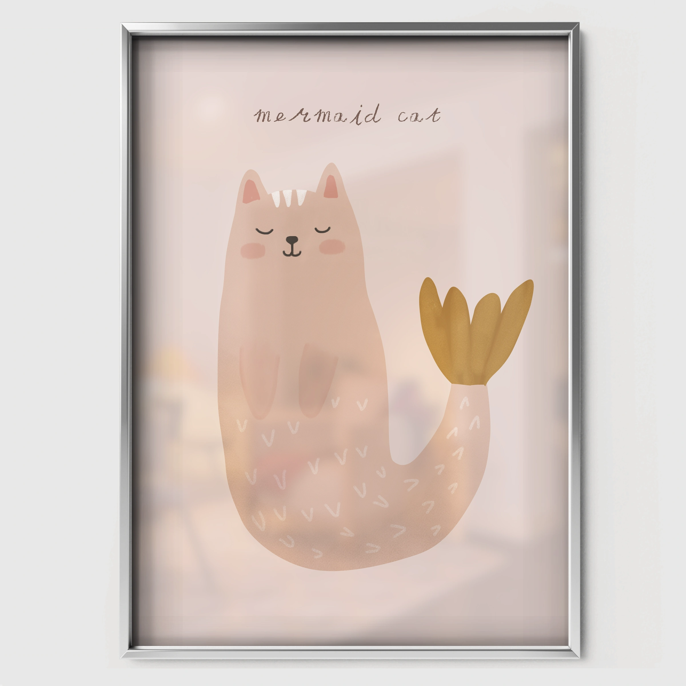 Mermaid Cat Nursery Print - white framed nursery wall art print