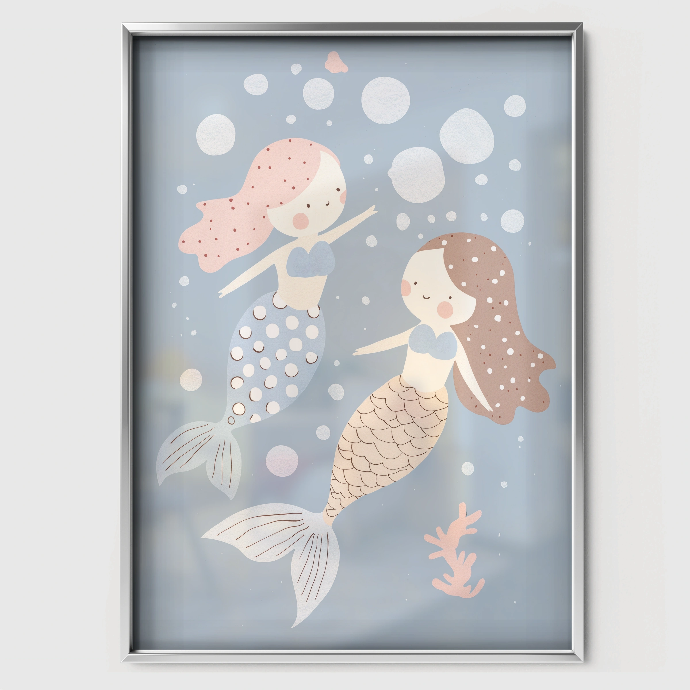 Mermaid Friends Nursery Print - white framed nursery wall art print
