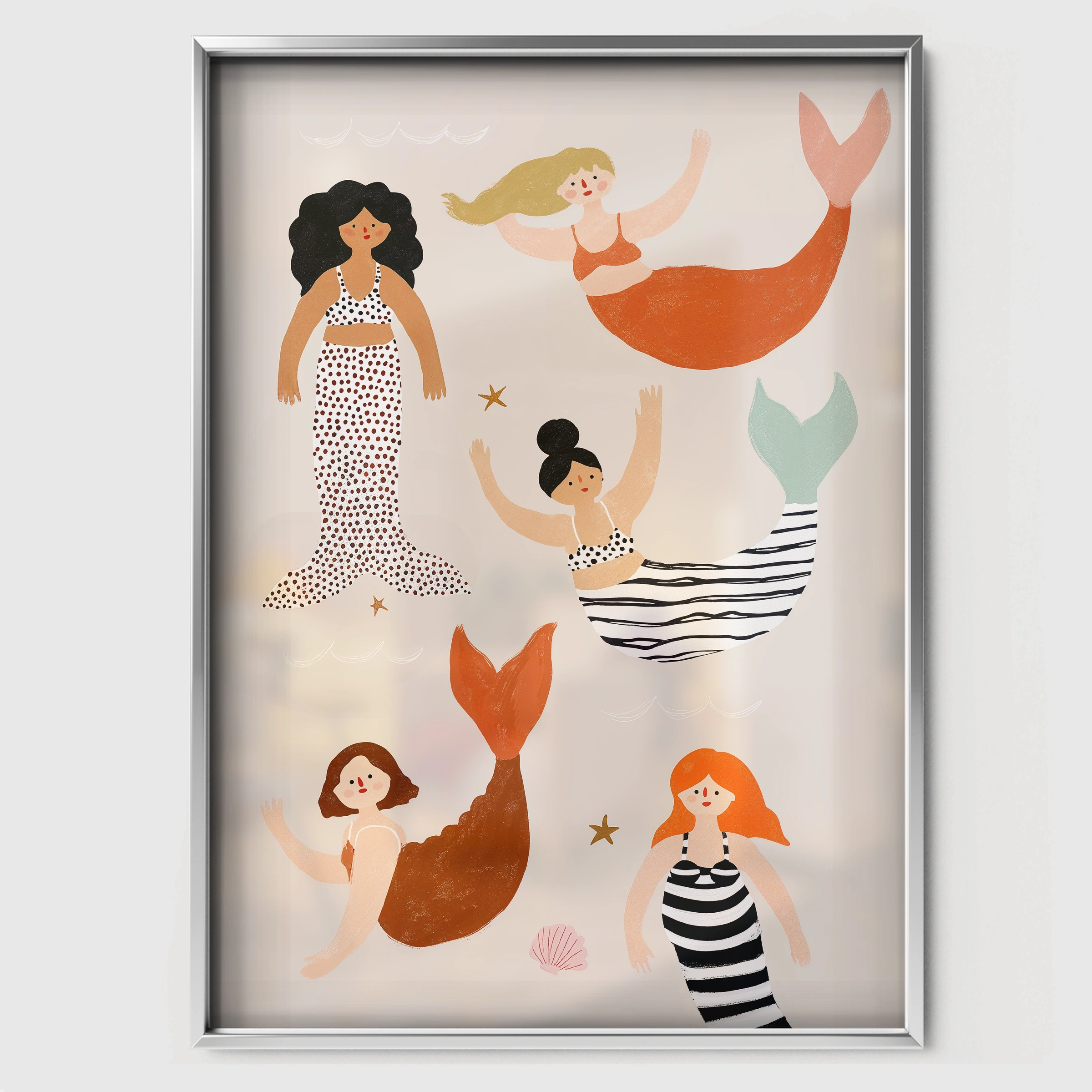 Mermaid Trio Nursery Print - white framed nursery wall art print
