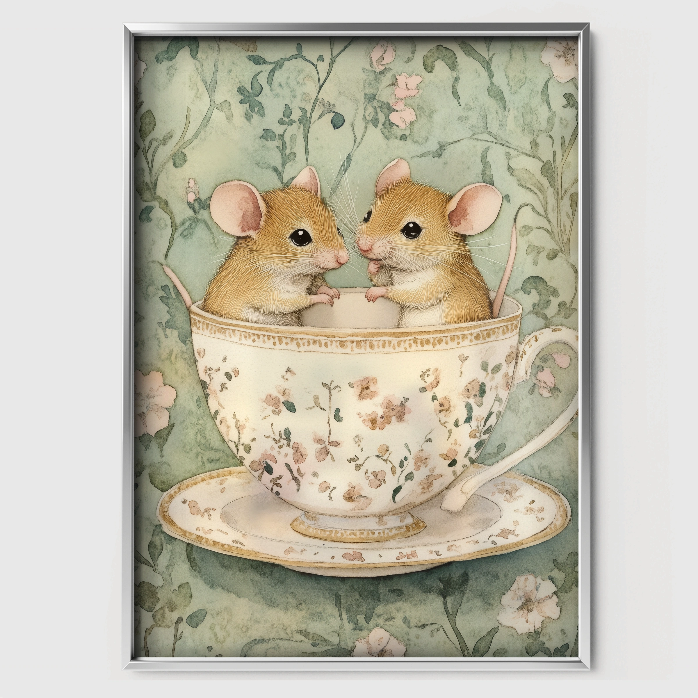 Mice in a Teacup Nursery Print - white framed nursery wall art print