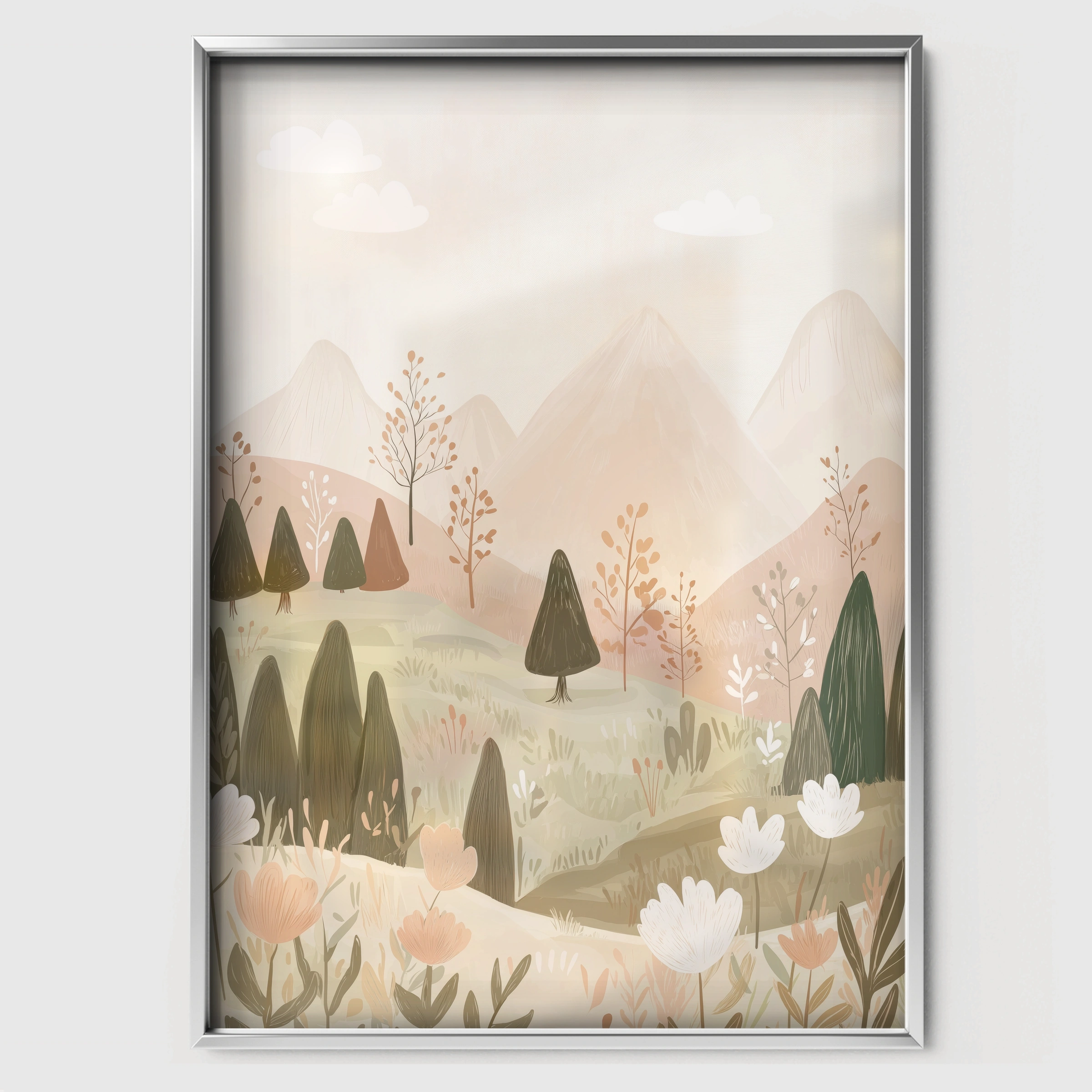 Misty Mountains Nursery Print - white framed nursery wall art print