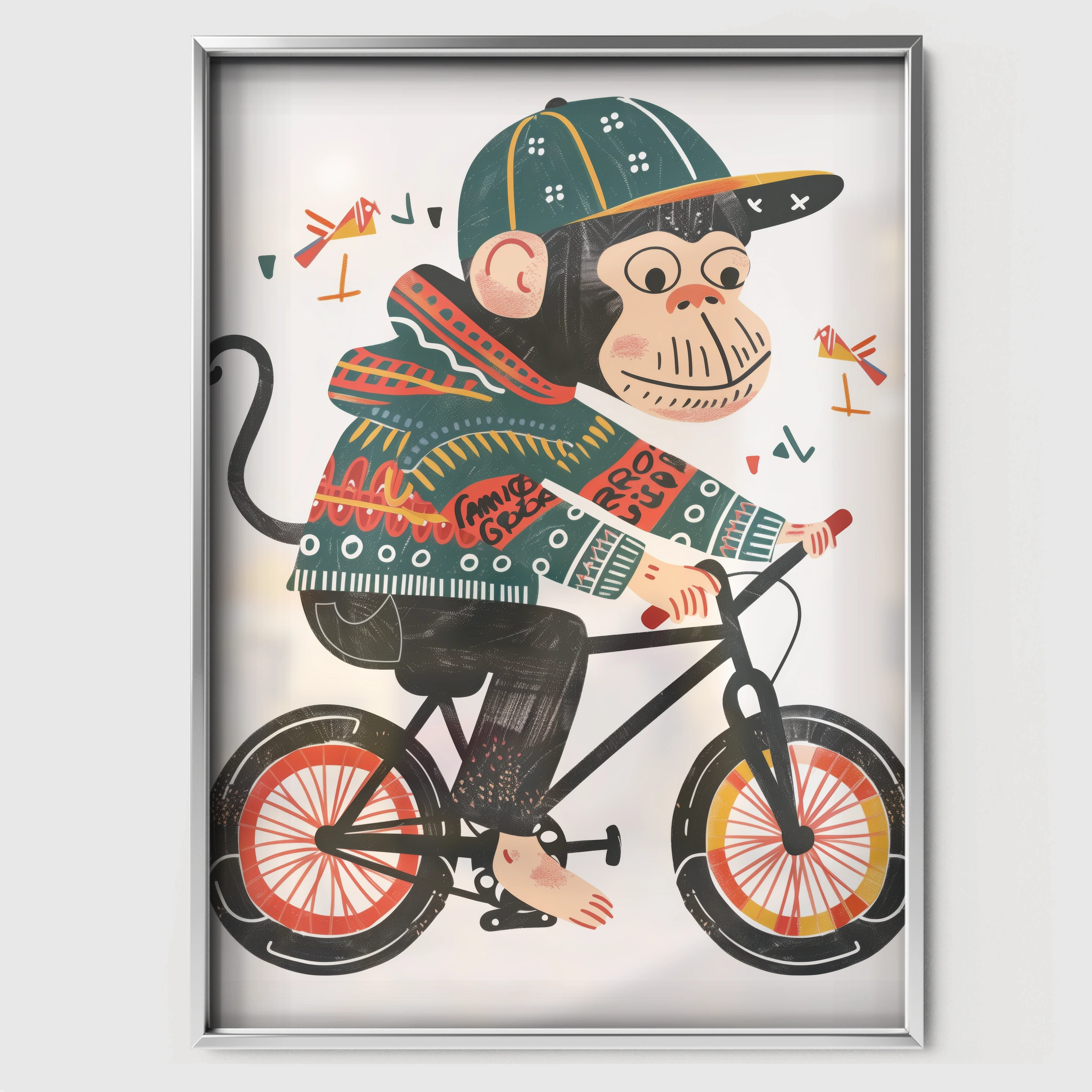 Monkey on a Bicycle Nursery Print - white framed nursery wall art print