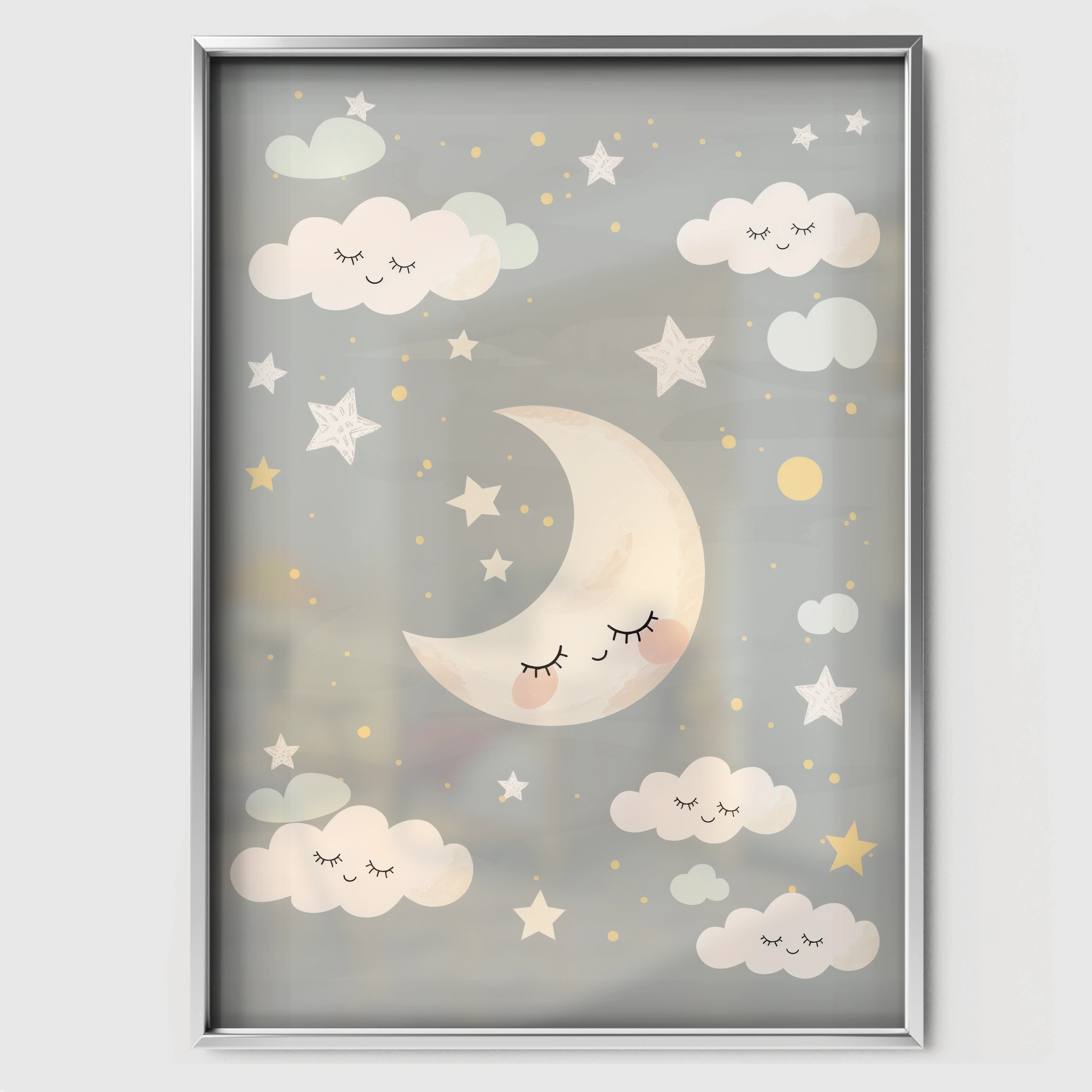 Moon and Clouds Nursery Print - white framed nursery wall art print