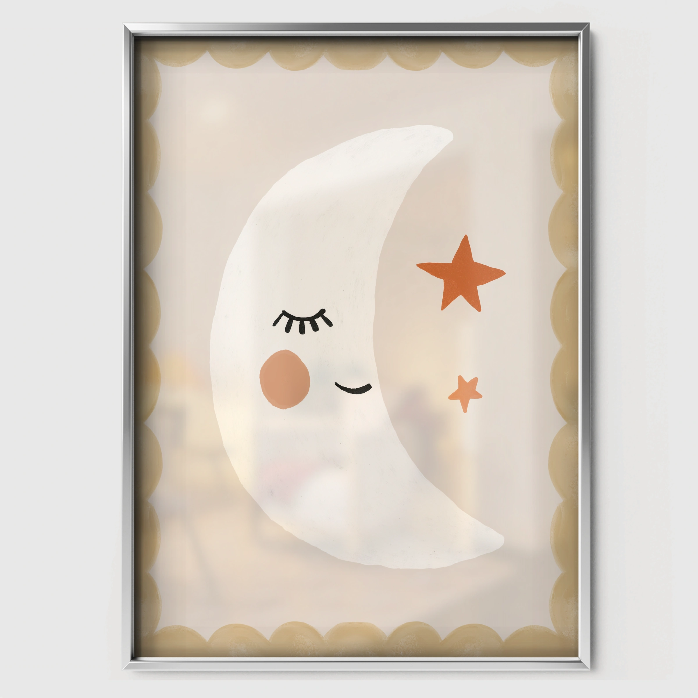 Moon and Stars Nursery Print - white framed nursery wall art print