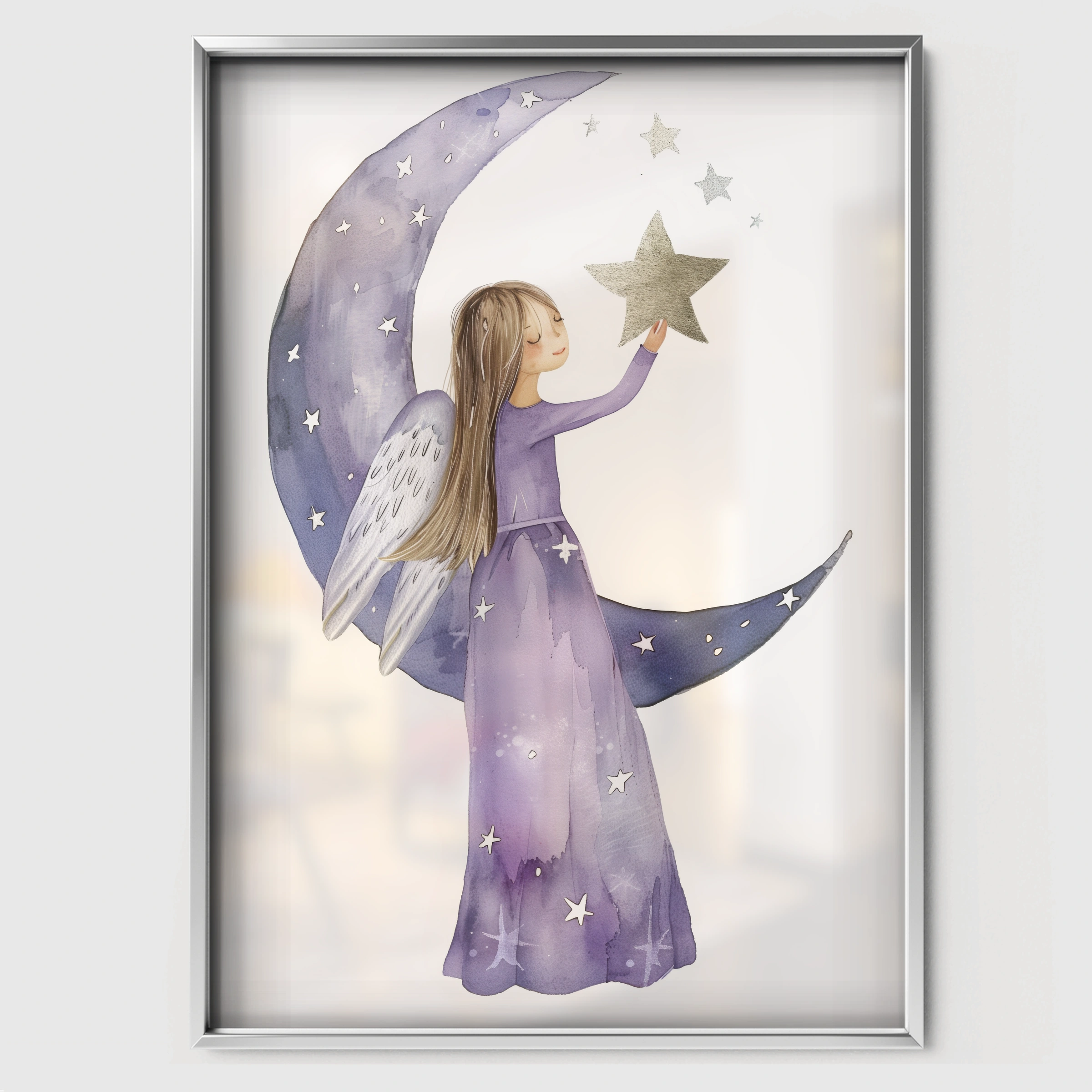 Moon Fairy Nursery Print - white framed nursery wall art print