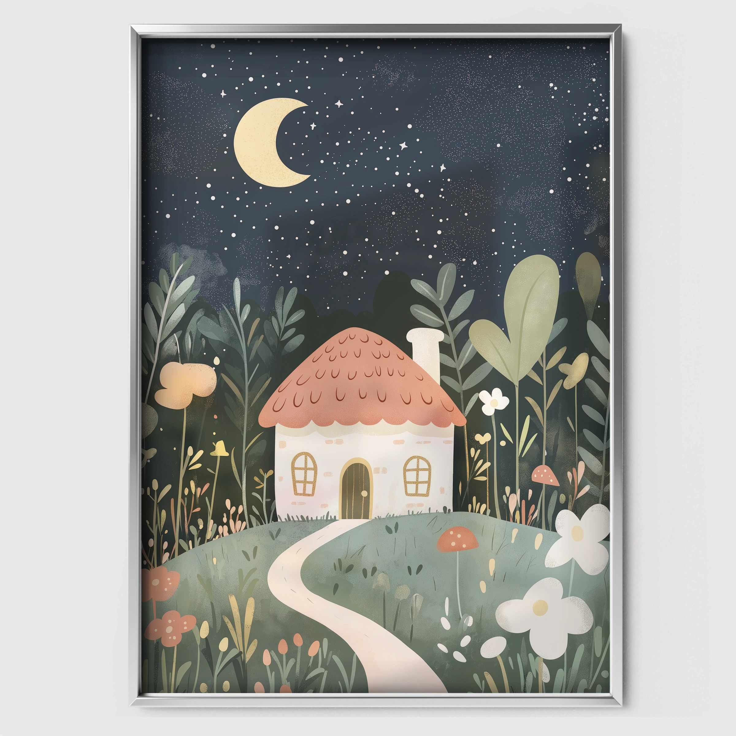 Moonlit Village Nursery Print - white framed nursery wall art print