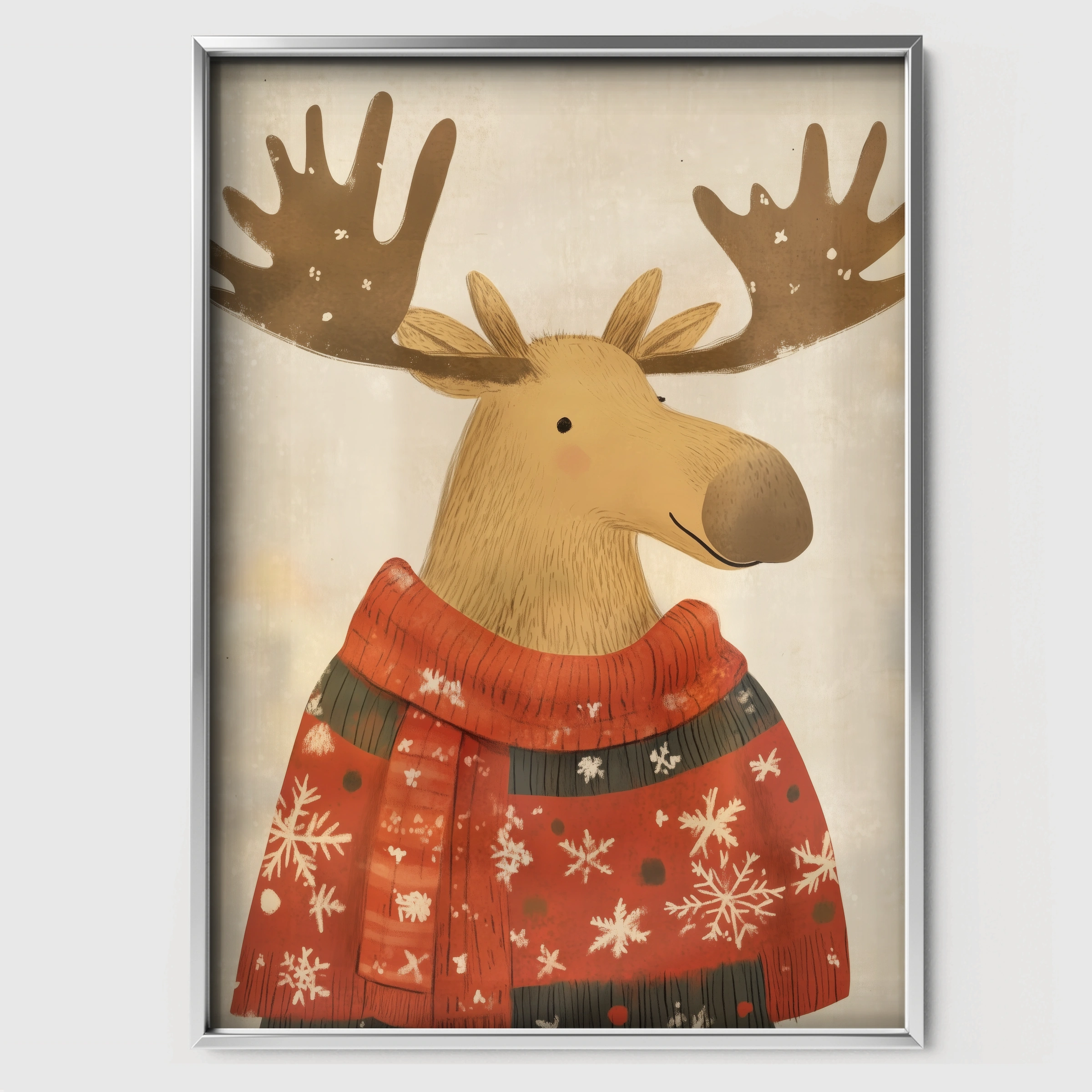 Moose in a Sweater Christmas Print - white framed nursery wall art print