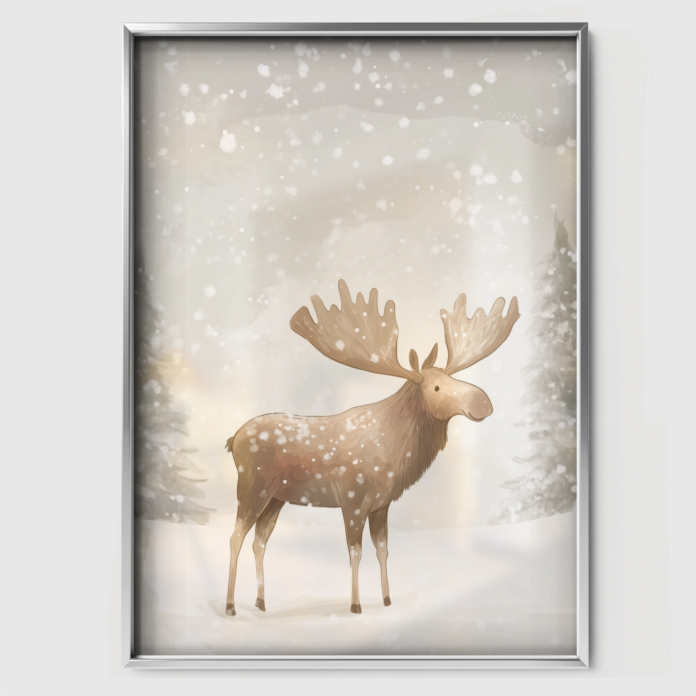 Moose in the Snow Christmas Print - white framed nursery wall art print