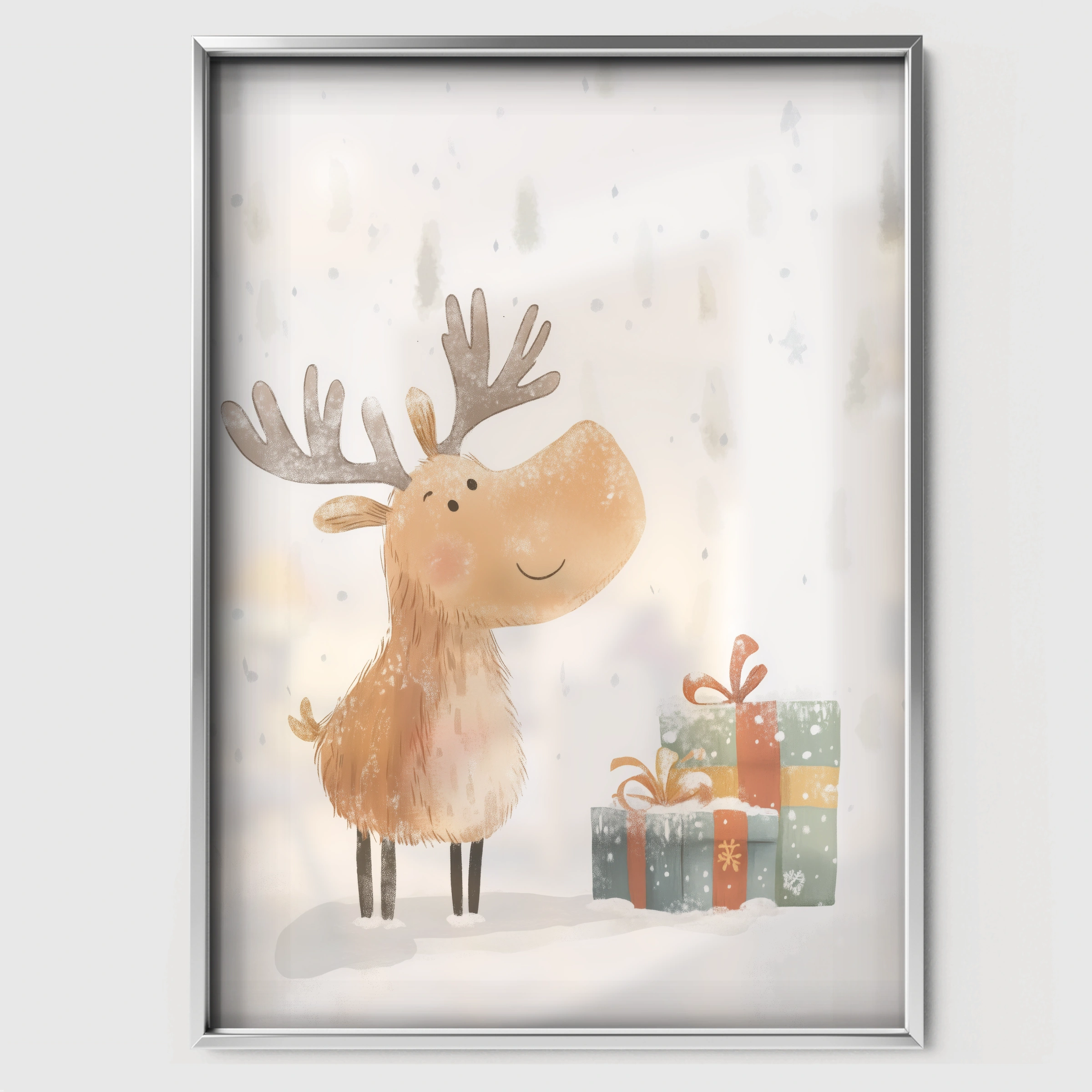 Moose with Gifts Christmas Print - white framed nursery wall art print