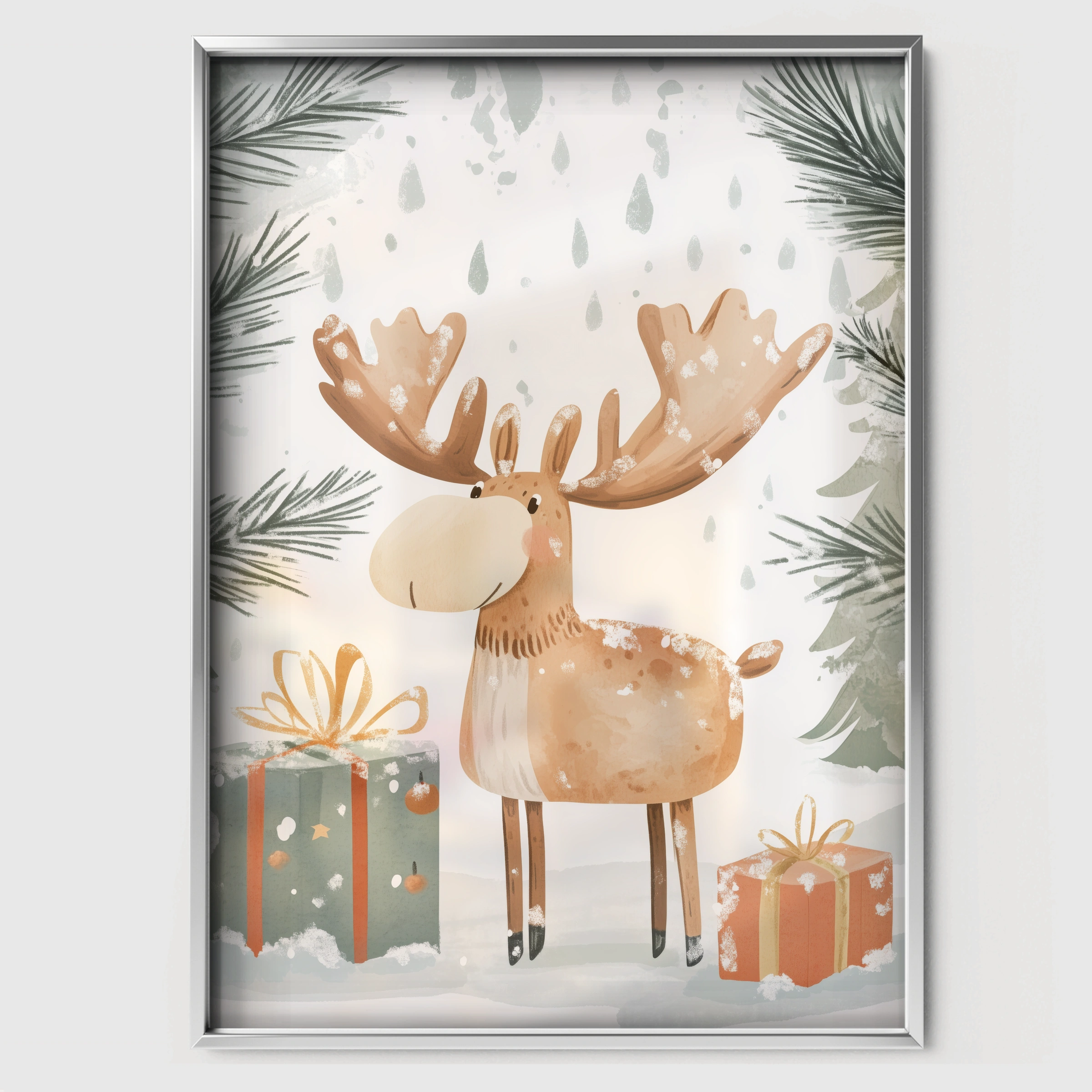 Moose with Gifts Two Christmas Print - white framed nursery wall art print