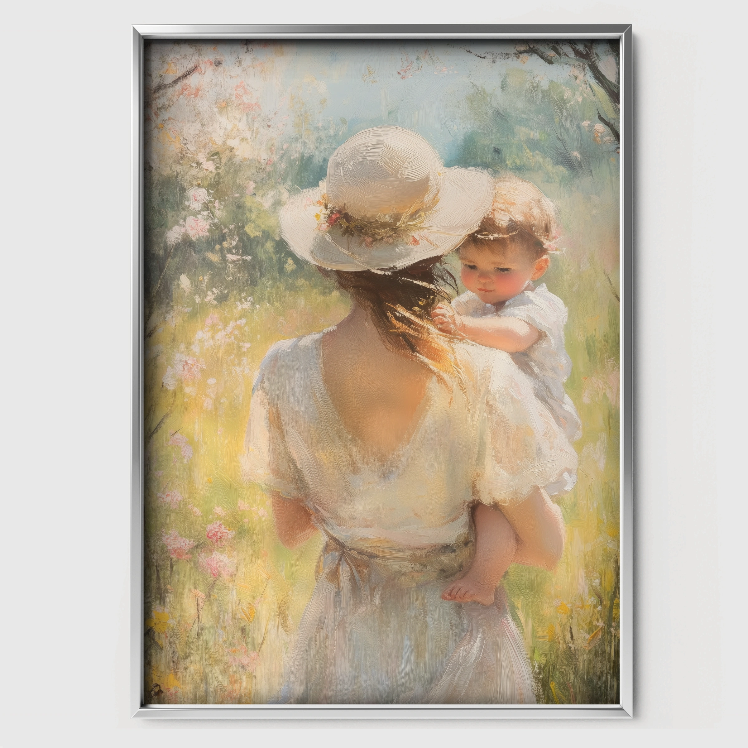 Mother and Baby in Blossom Nursery Print - white framed nursery wall art print