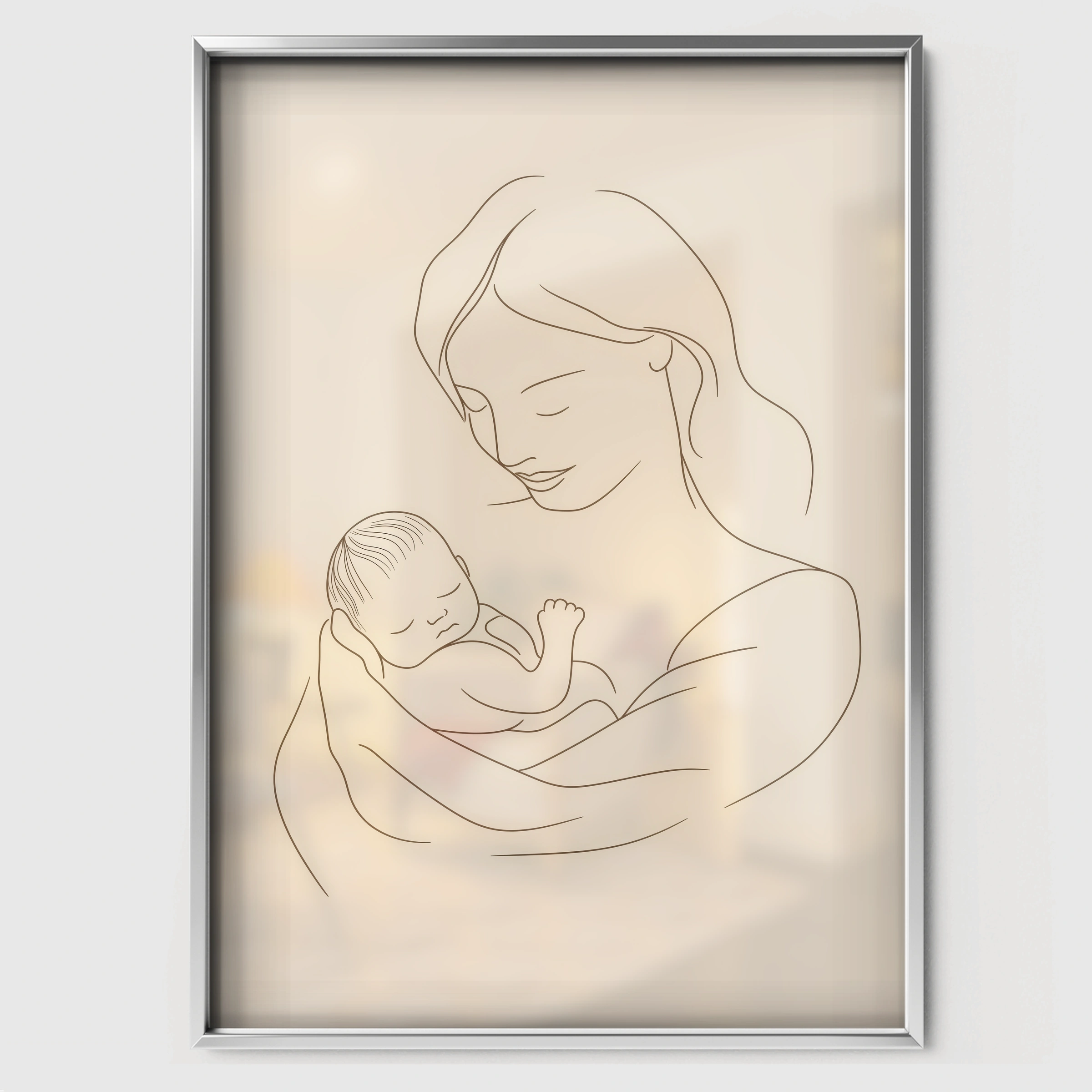 Mother and Baby Line Art Nursery Print - white framed nursery wall art print